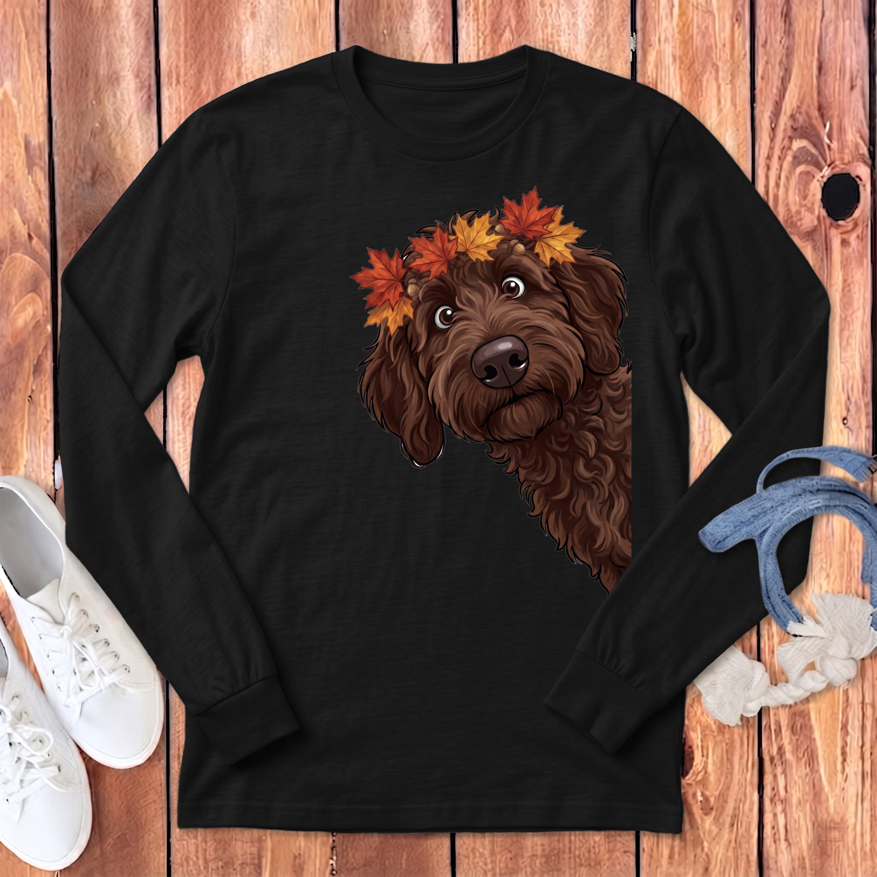 Fall Crown Chocolate Goldendoodle Long Sleeve T-Shirt in Dark Grey Heather / S by Puppy Jo