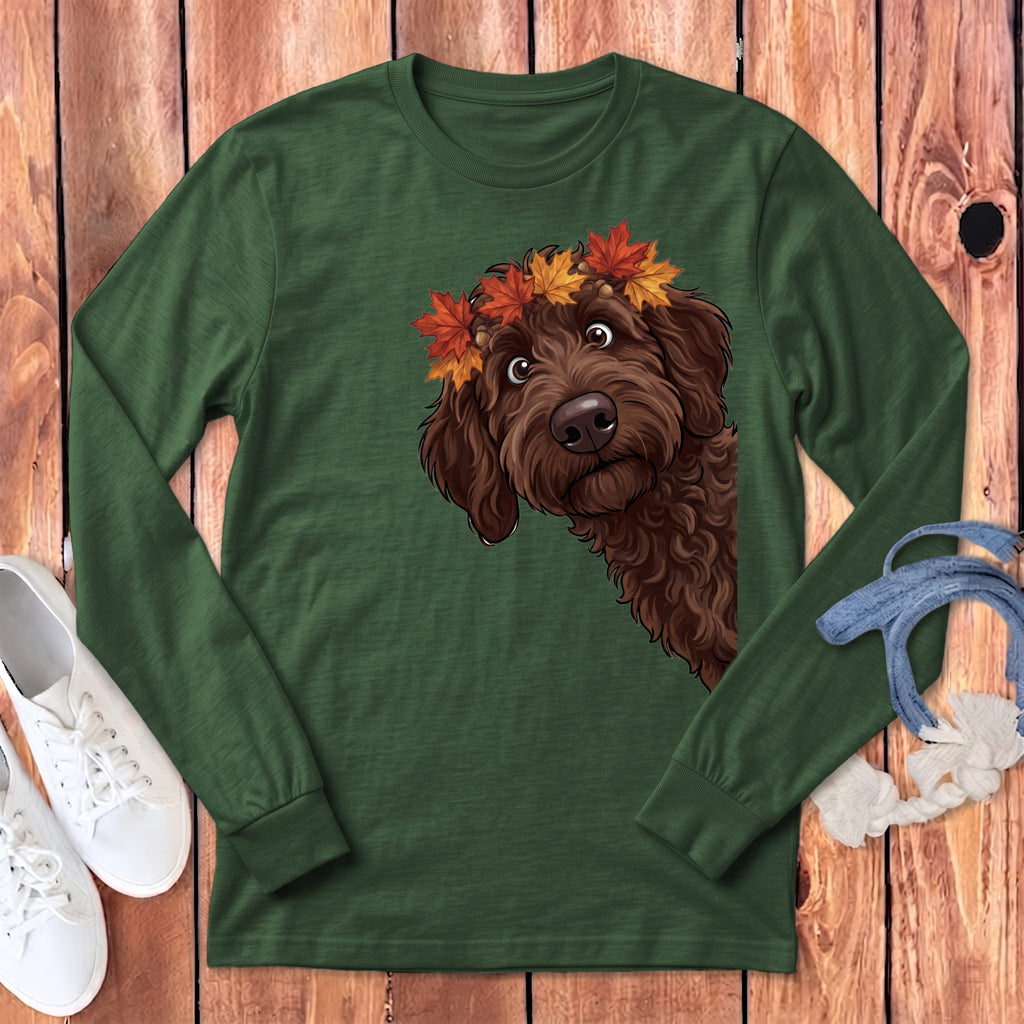 Fall Crown Chocolate Goldendoodle Long Sleeve T-Shirt in Heather Forest / S by Puppy Jo