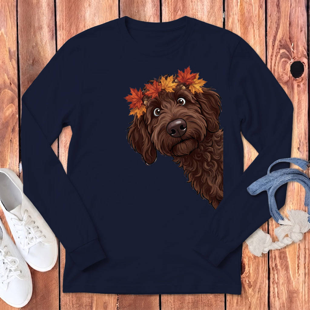 Fall Crown Chocolate Goldendoodle Long Sleeve T-Shirt in Navy / S by Puppy Jo
