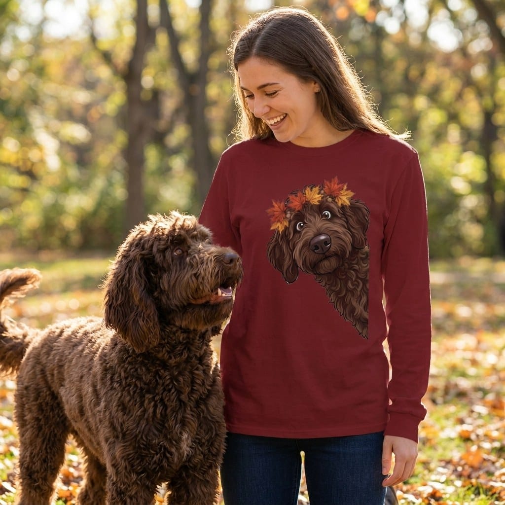 Fall Crown Chocolate Goldendoodle Long Sleeve T-Shirt in by Puppy Jo