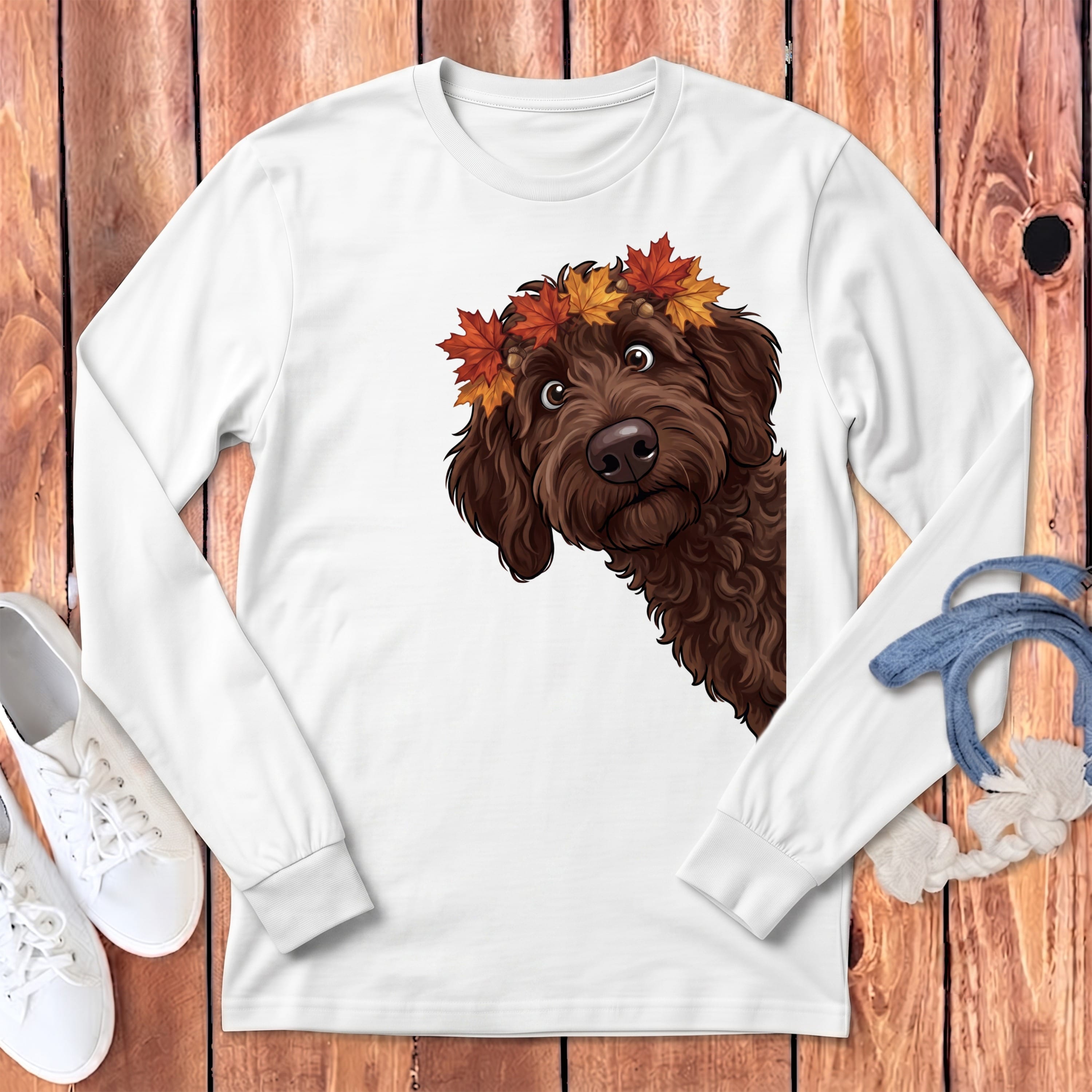 Fall Crown Chocolate Goldendoodle Long Sleeve T-Shirt in White / S by Puppy Jo