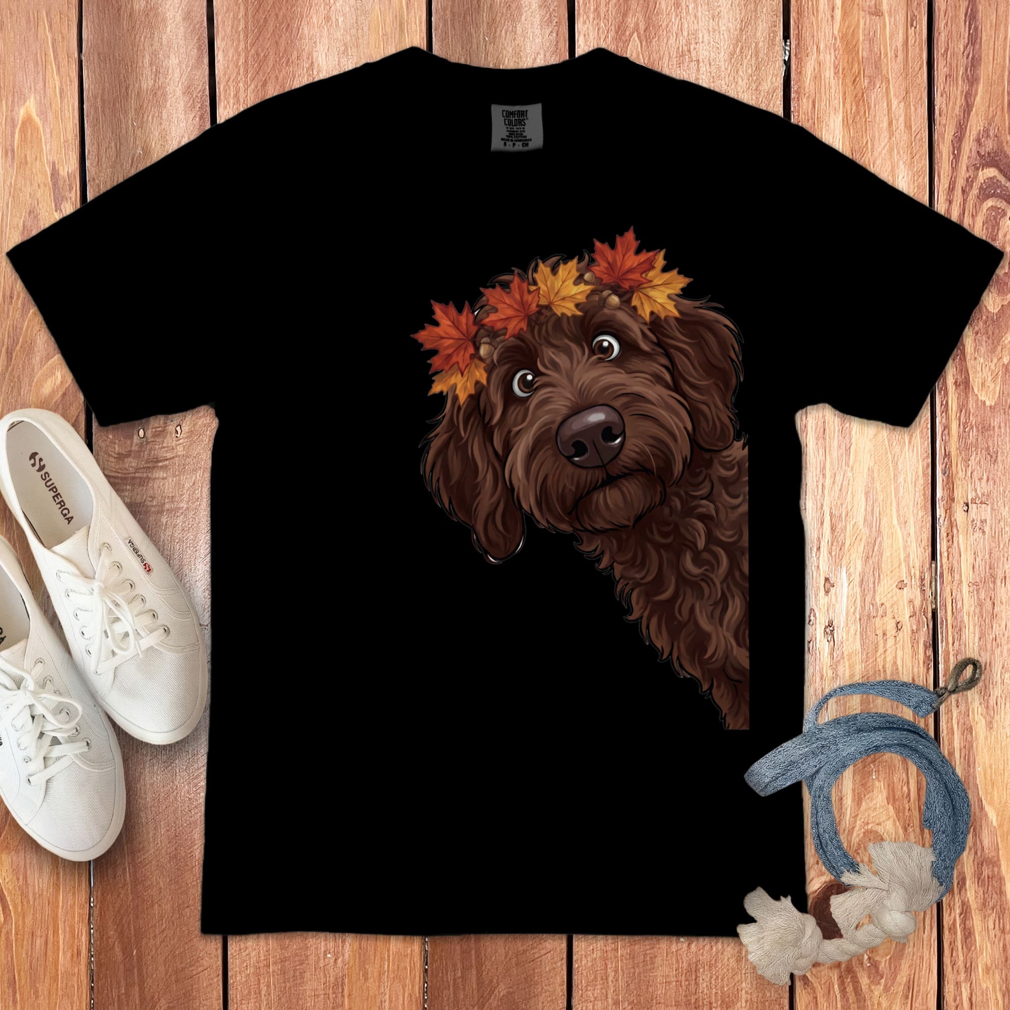 Fall Crown Chocolate Goldendoodle Signature T-Shirt in Black / S / T-Shirts by Puppy Jo