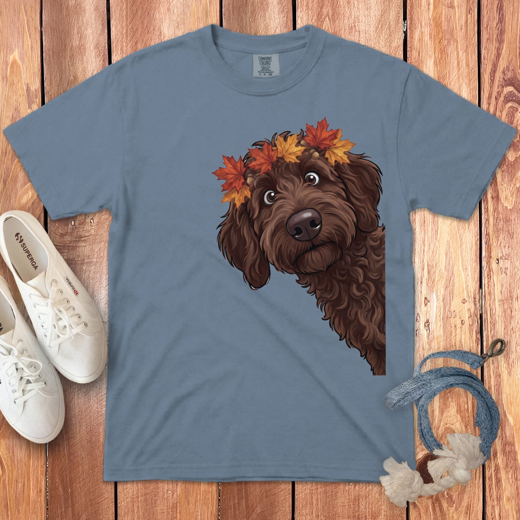 Fall Crown Chocolate Goldendoodle Signature T-Shirt in Blue Jean / S / T-Shirts by Puppy Jo