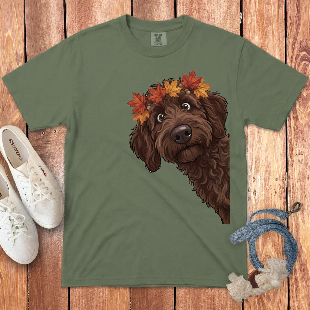 Fall Crown Chocolate Goldendoodle Signature T-Shirt in Moss / S / T-Shirts by Puppy Jo