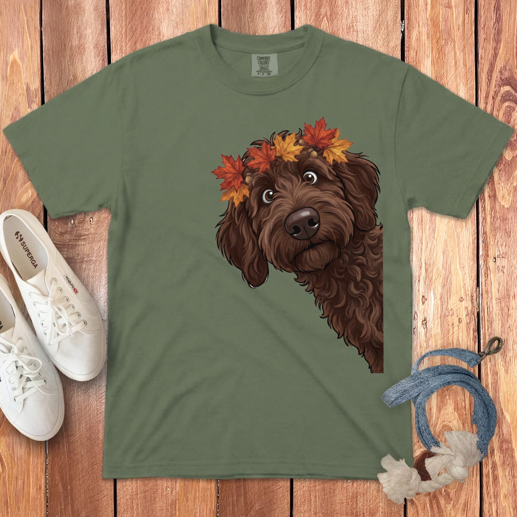 Fall Crown Chocolate Goldendoodle Signature T-Shirt in Moss / S / T-Shirts by Puppy Jo
