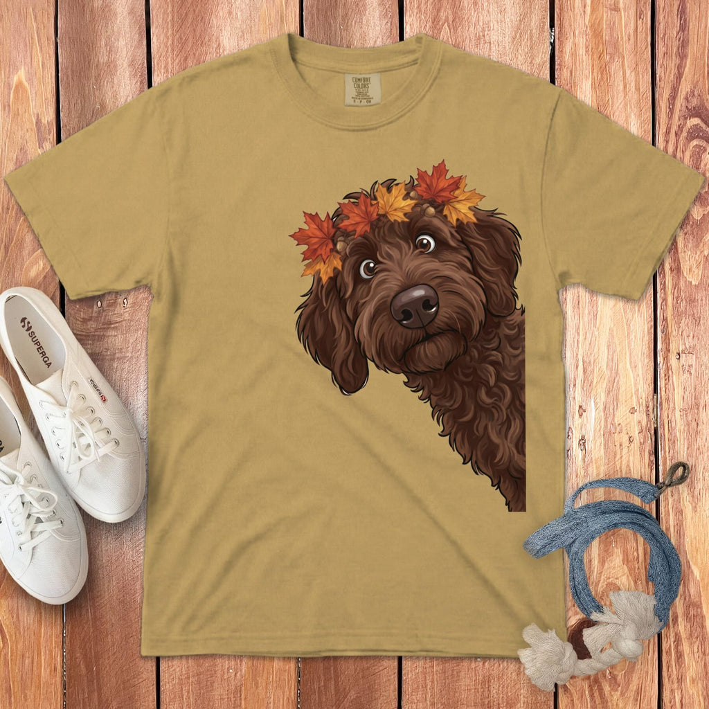 Fall Crown Chocolate Goldendoodle Signature T-Shirt in Mustard / S / T-Shirts by Puppy Jo
