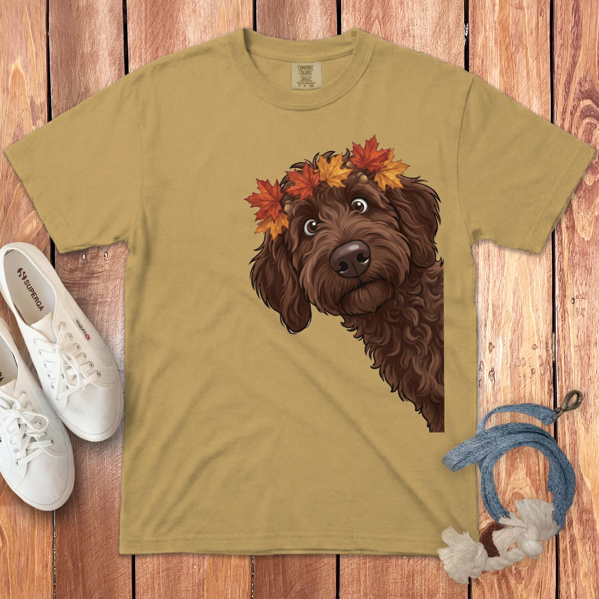 Fall Crown Chocolate Goldendoodle Signature T-Shirt in Mustard / S / T-Shirts by Puppy Jo