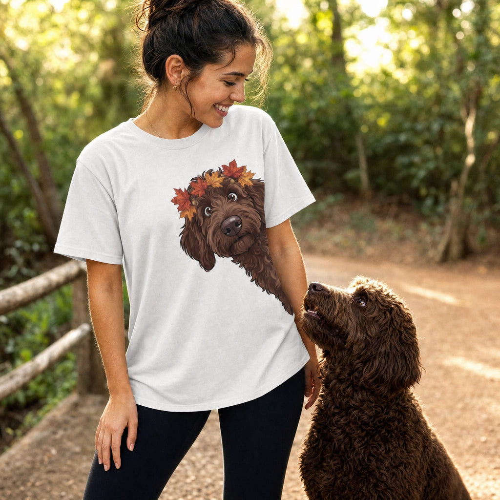 Fall Crown Chocolate Goldendoodle Signature T-Shirt in by Puppy Jo