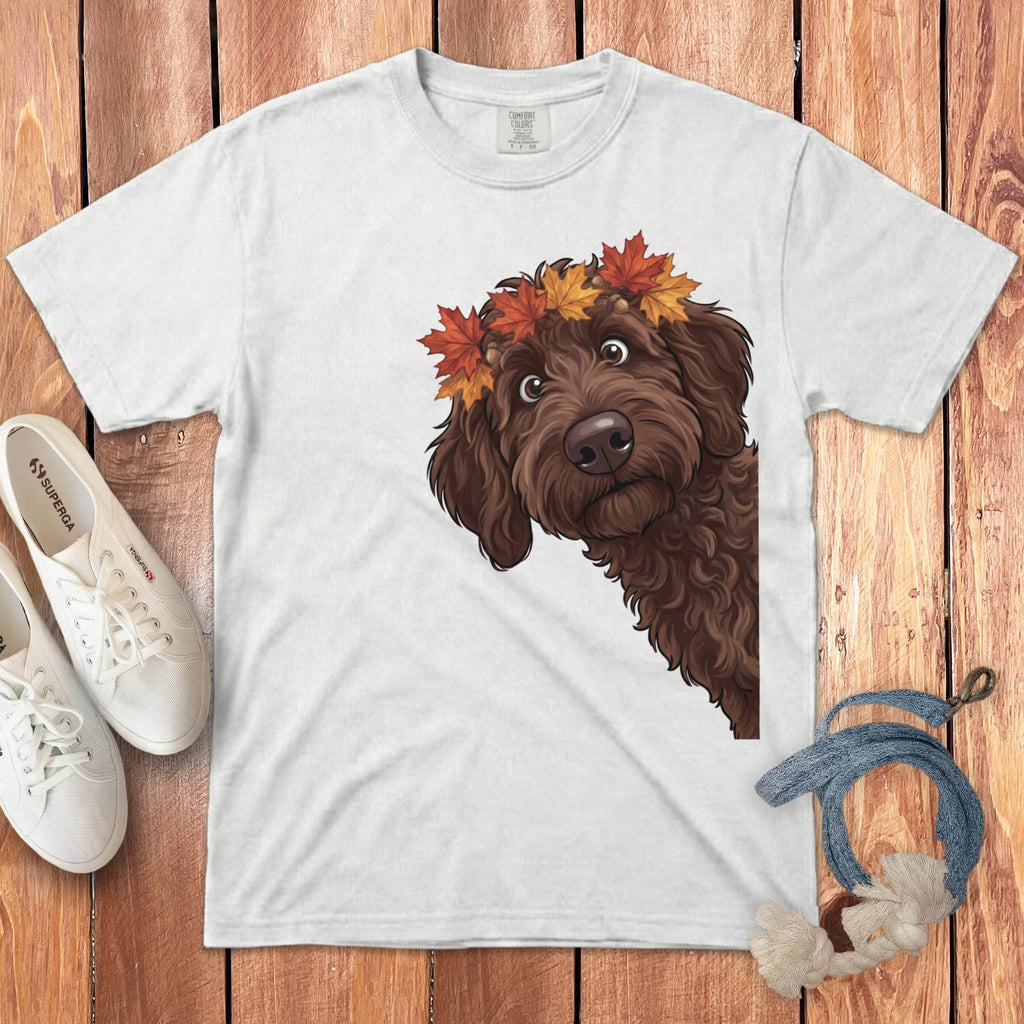 Fall Crown Chocolate Goldendoodle Signature T-Shirt in White / S / T-Shirts by Puppy Jo