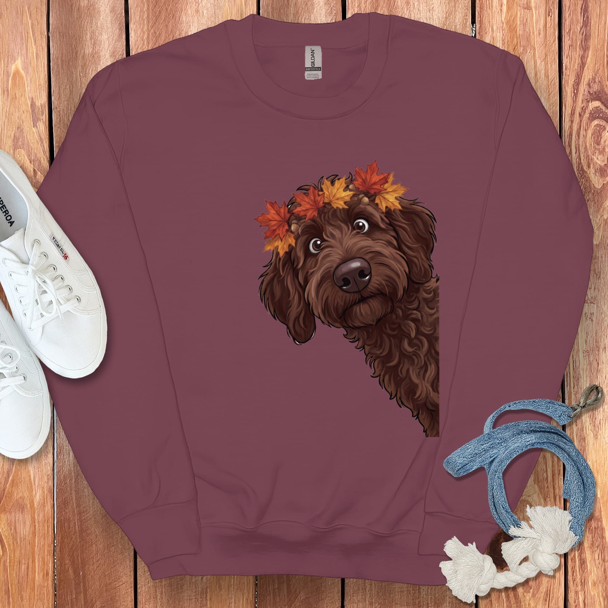 Fall Crown Chocolate Goldendoodle Sweatshirt in Maroon / S by Puppy Jo