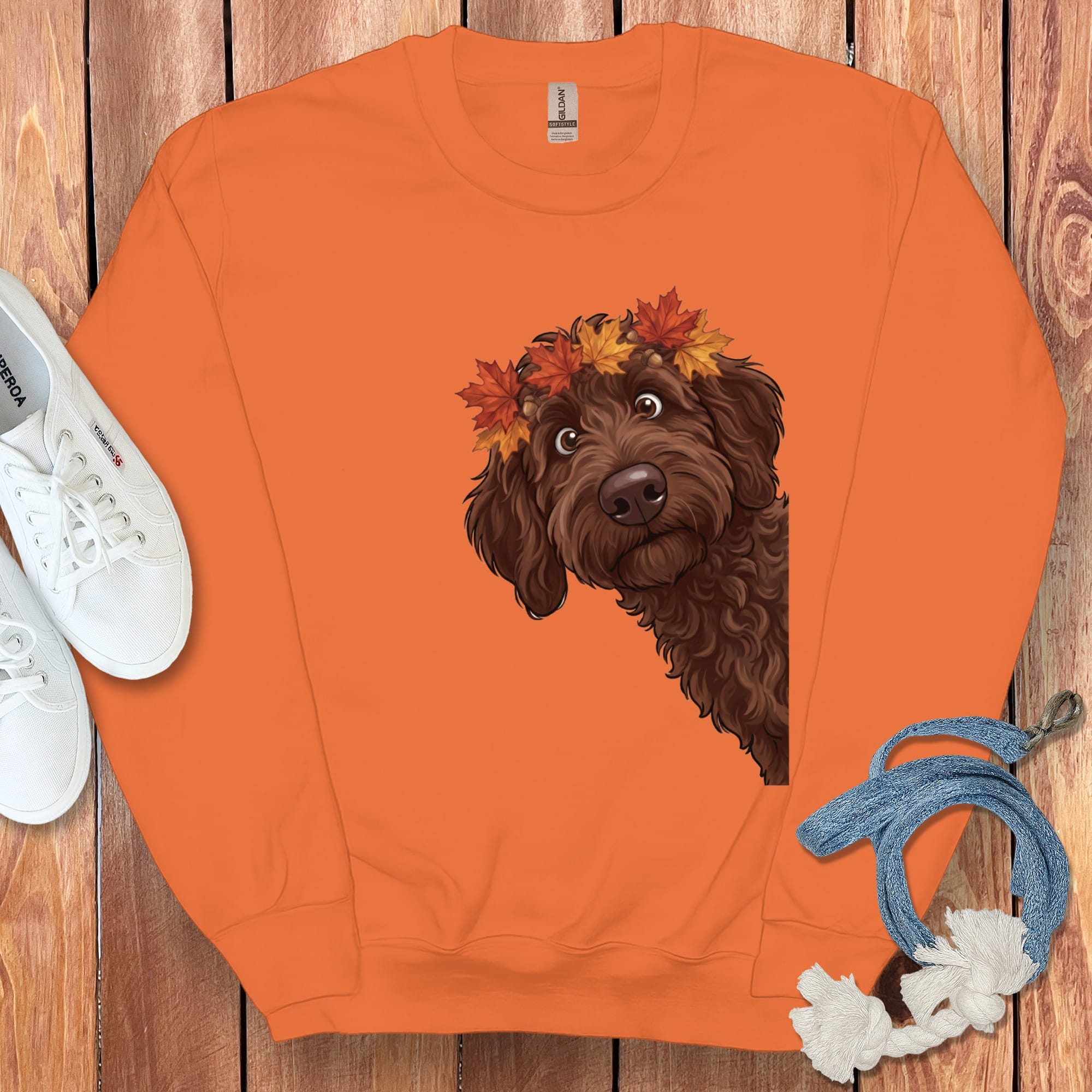 Fall Crown Chocolate Goldendoodle Sweatshirt in Orange / M by Puppy Jo