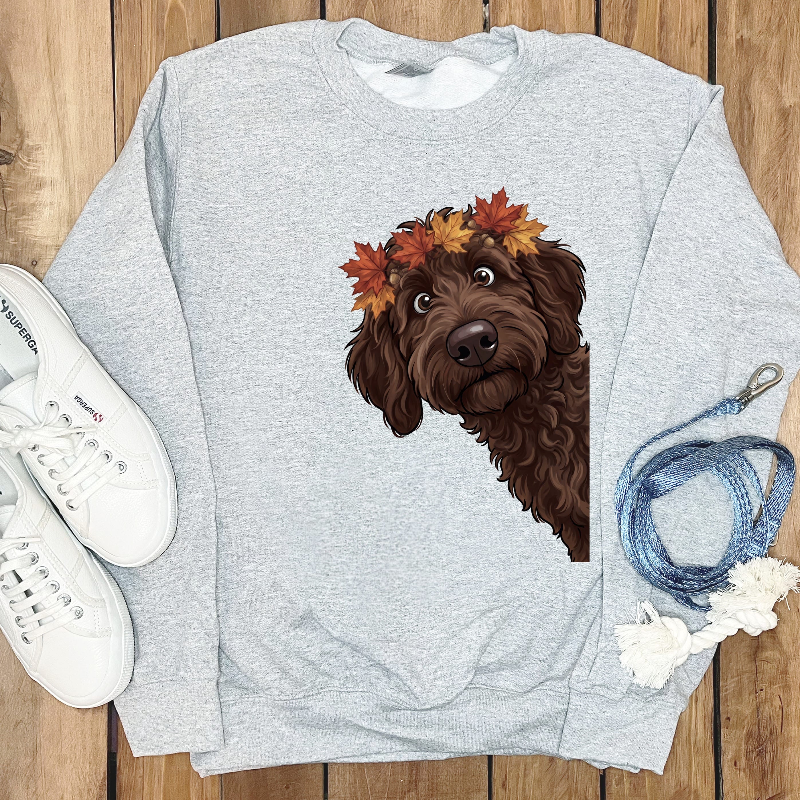 Fall Crown Chocolate Goldendoodle Sweatshirt in Sport Grey / S by Puppy Jo