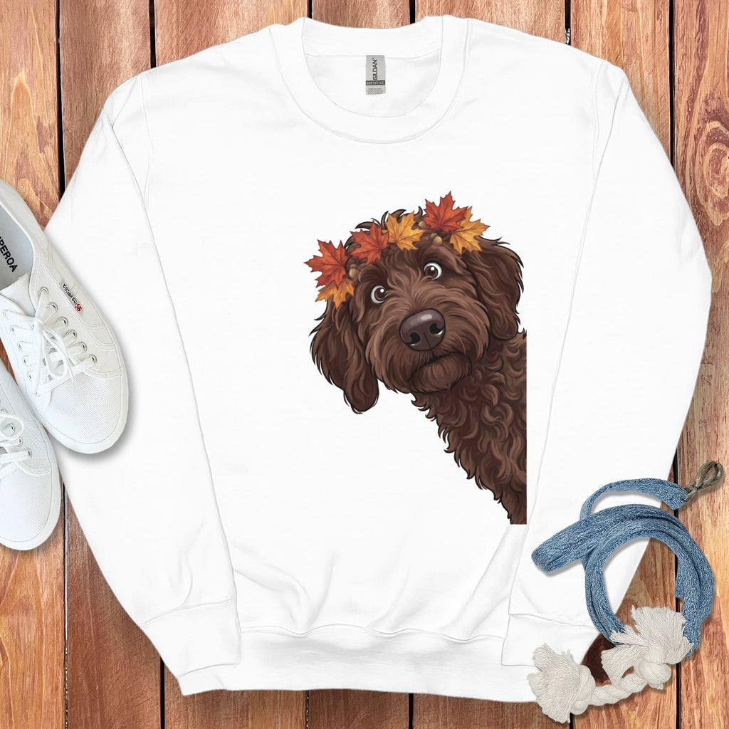 Fall Crown Chocolate Goldendoodle Sweatshirt in White / S by Puppy Jo