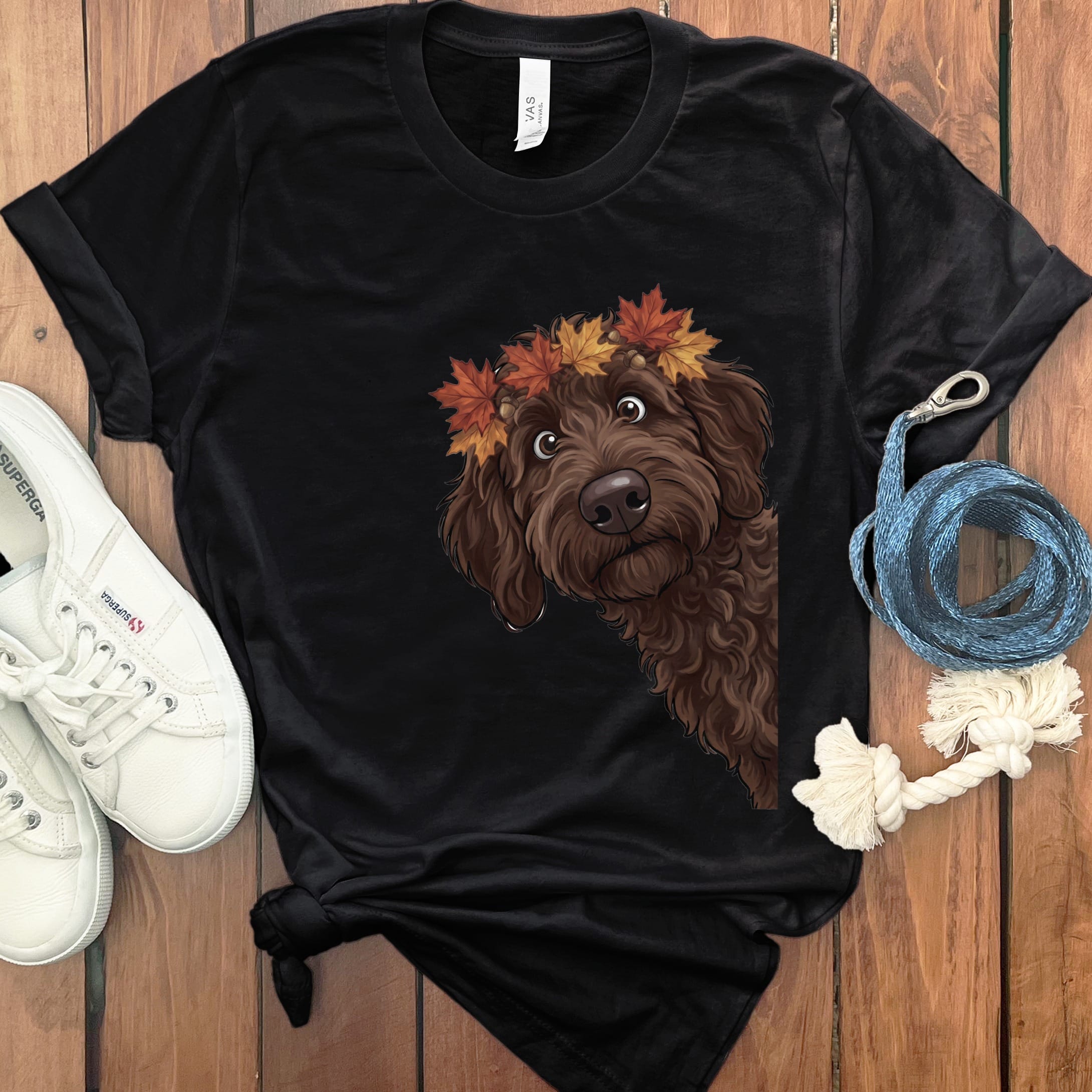 Fall Crown Chocolate Goldendoodle T-Shirt in Black / S by Puppy Jo