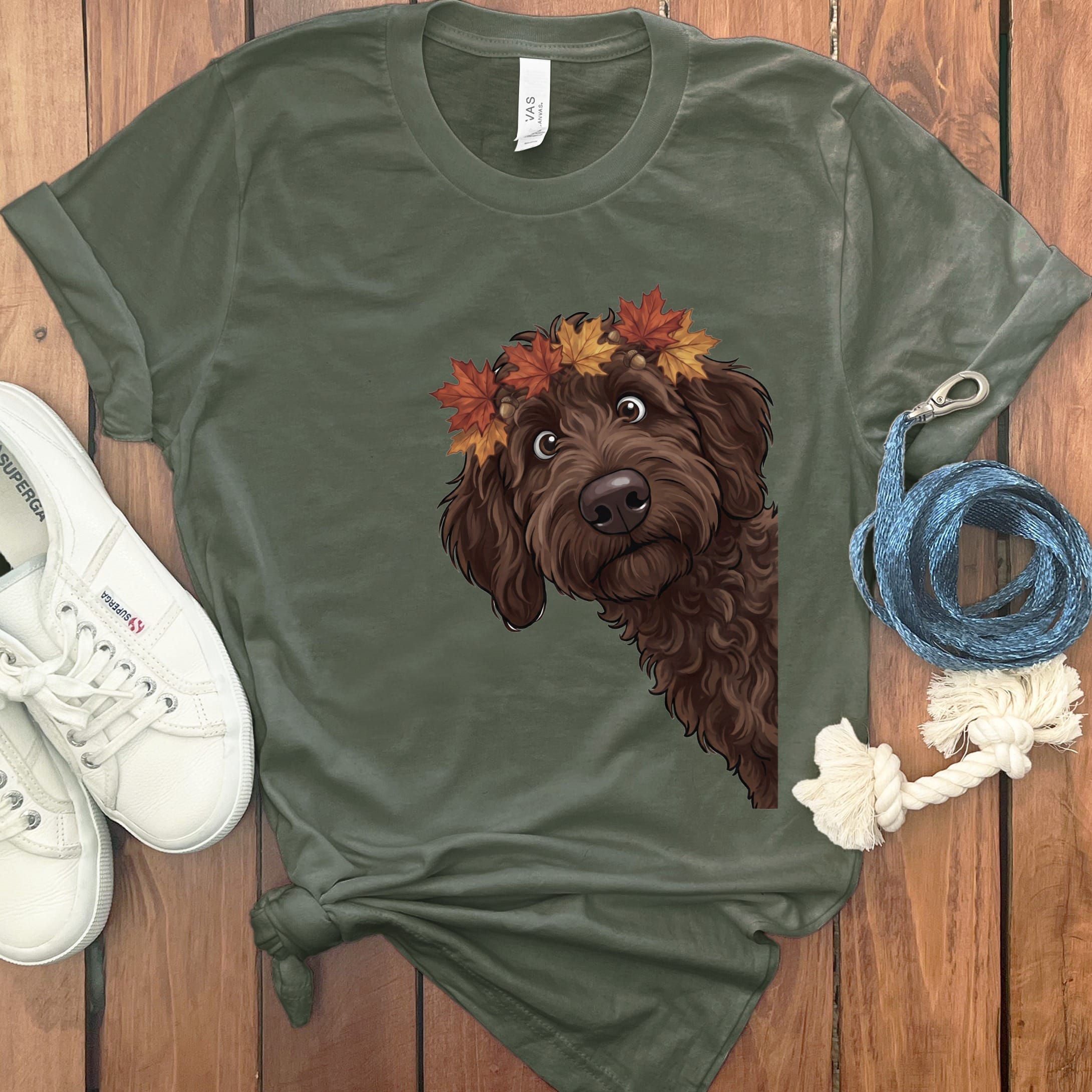 Fall Crown Chocolate Goldendoodle T-Shirt in Military Green / S by Puppy Jo
