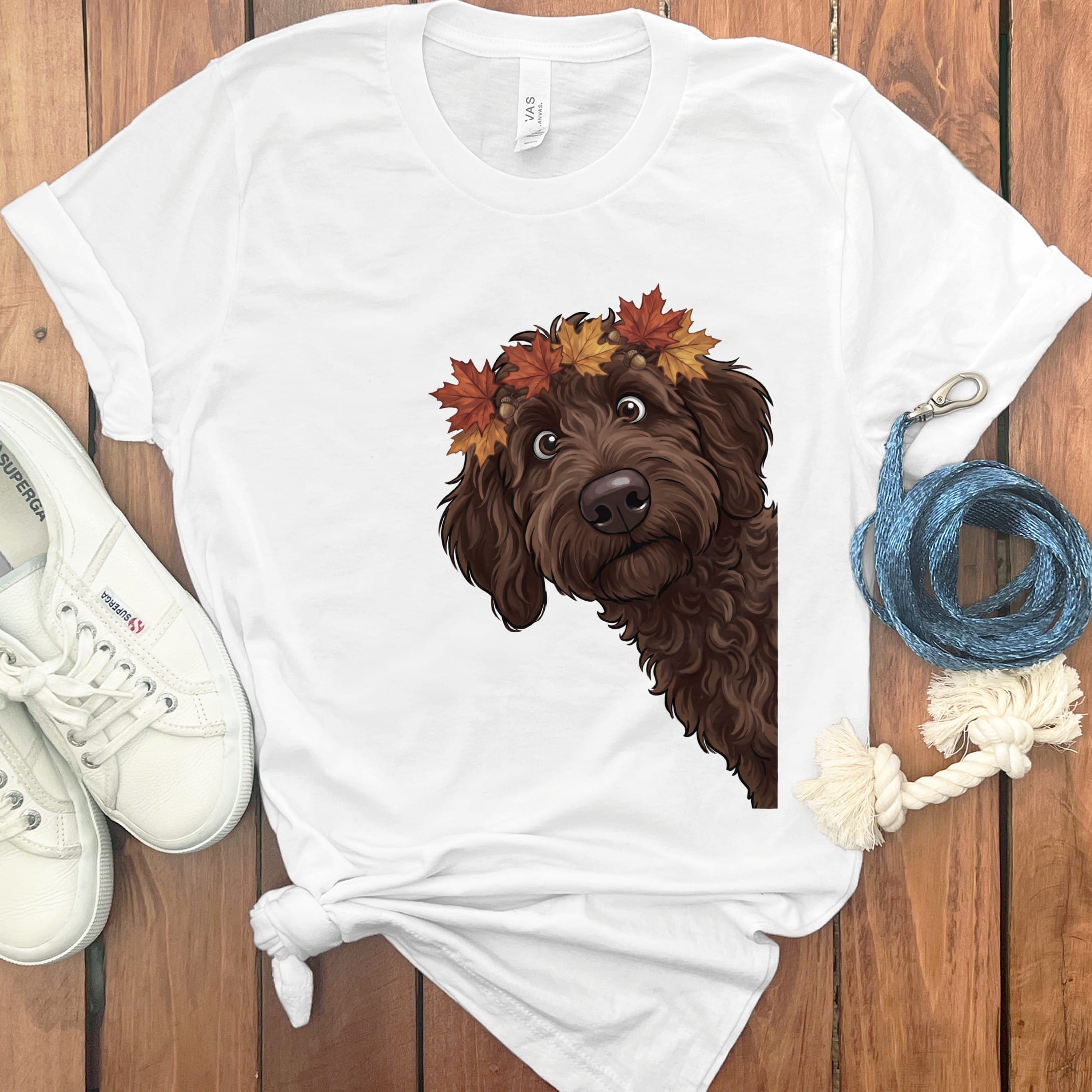 Fall Crown Chocolate Goldendoodle T-Shirt in White / S by Puppy Jo