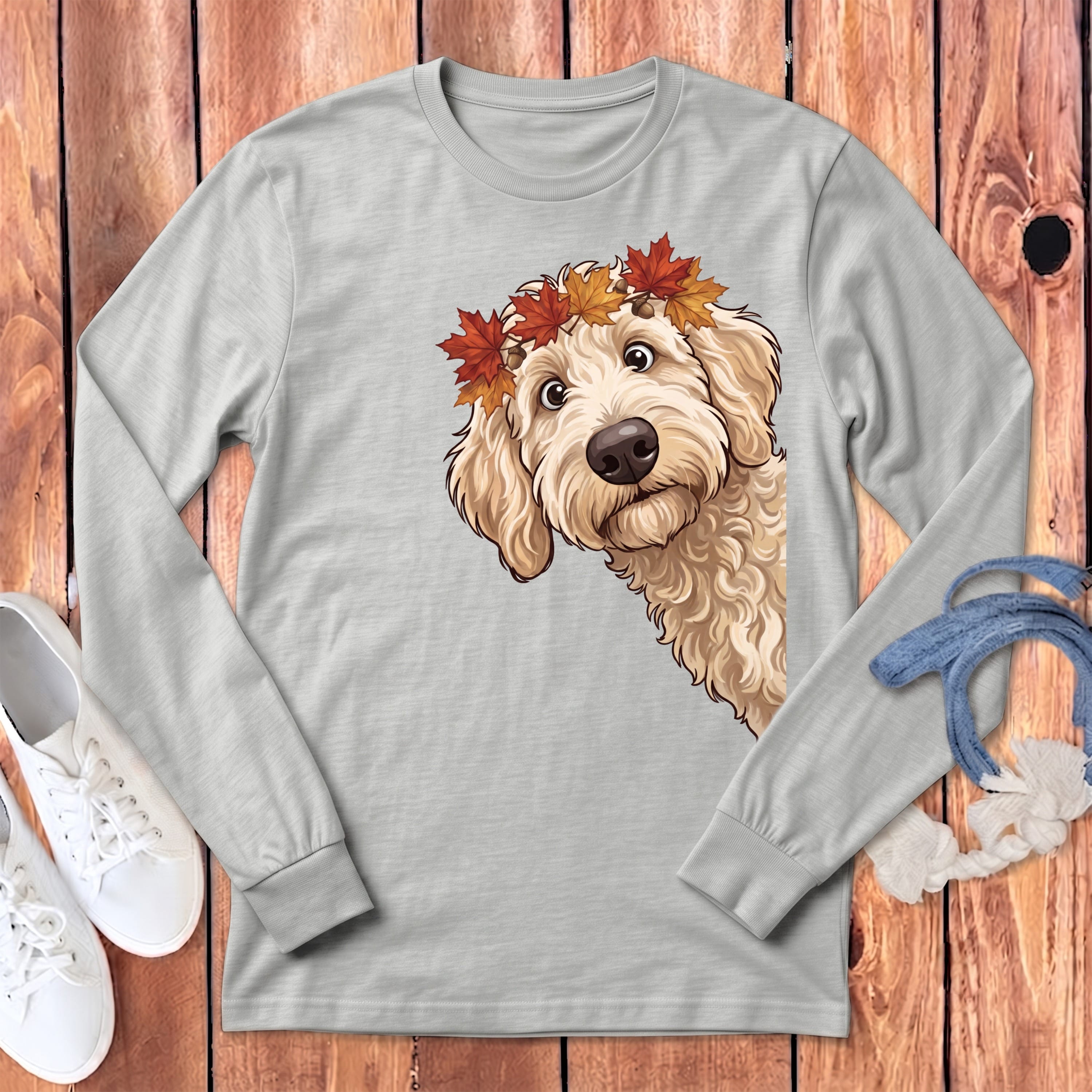 Fall Crown Cream Goldnedoodle Long Sleeve T-Shirt in Athletic Heather / S by Puppy Jo