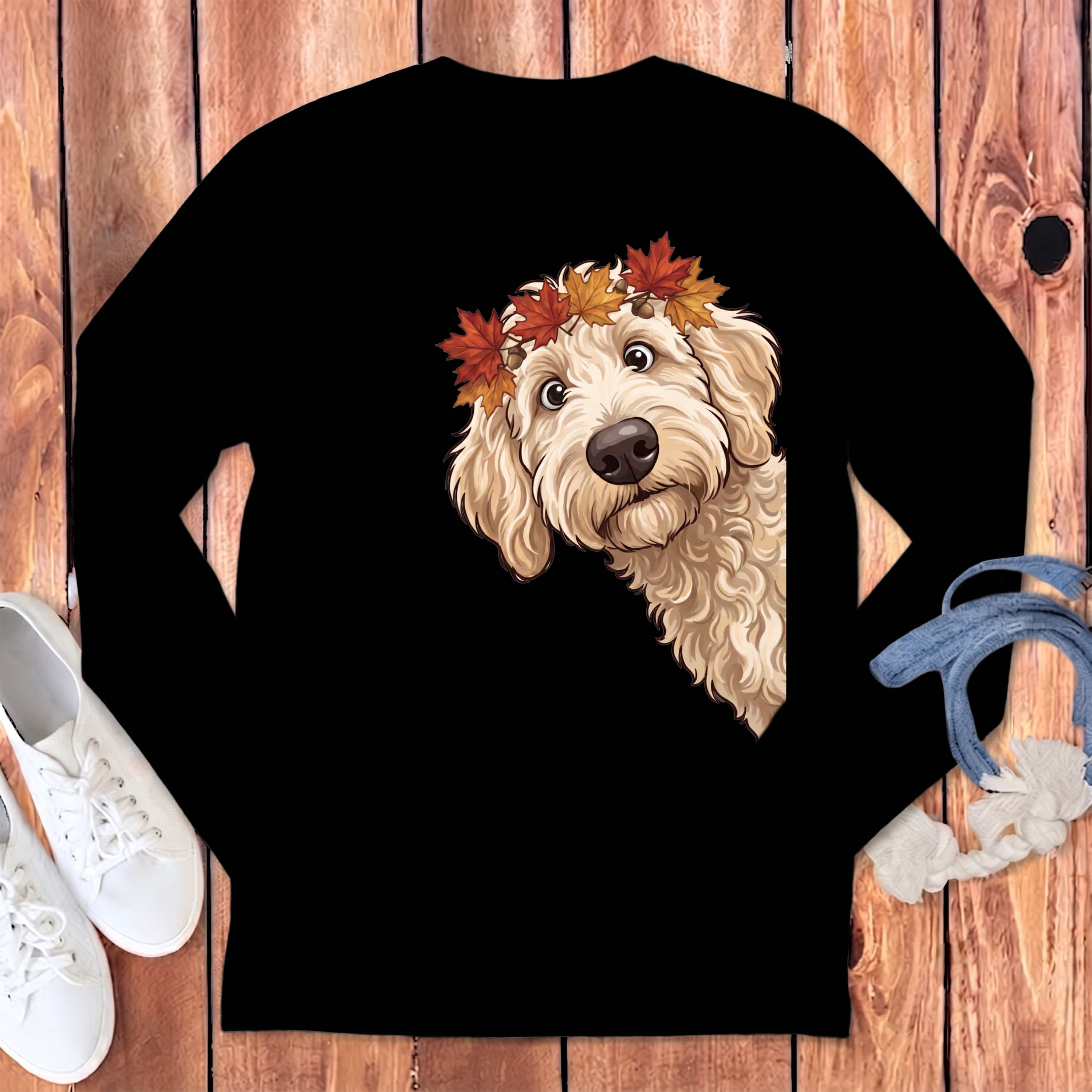 Fall Crown Cream Goldnedoodle Long Sleeve T-Shirt in Black / S by Puppy Jo
