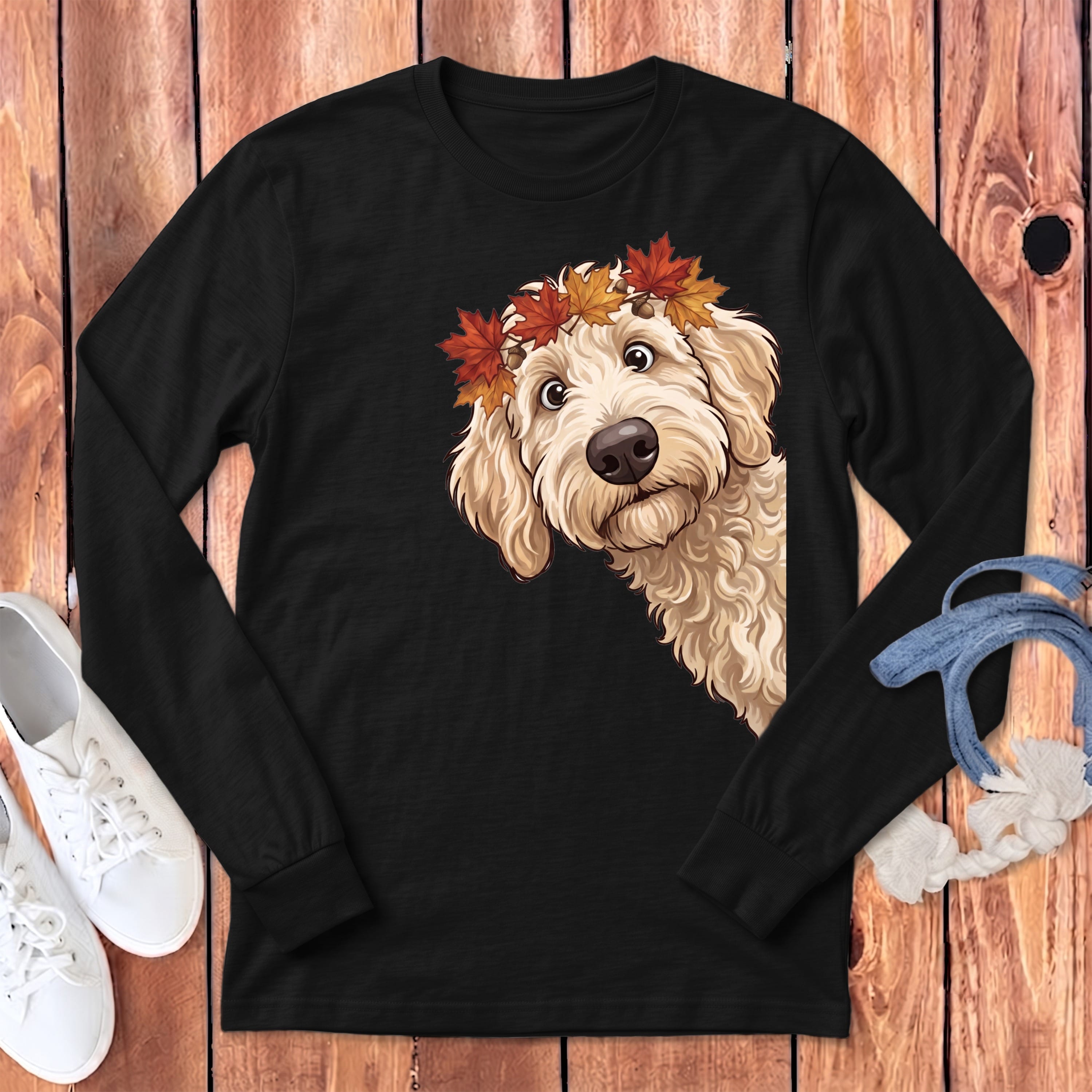 Fall Crown Cream Goldnedoodle Long Sleeve T-Shirt in Dark Grey Heather / S by Puppy Jo