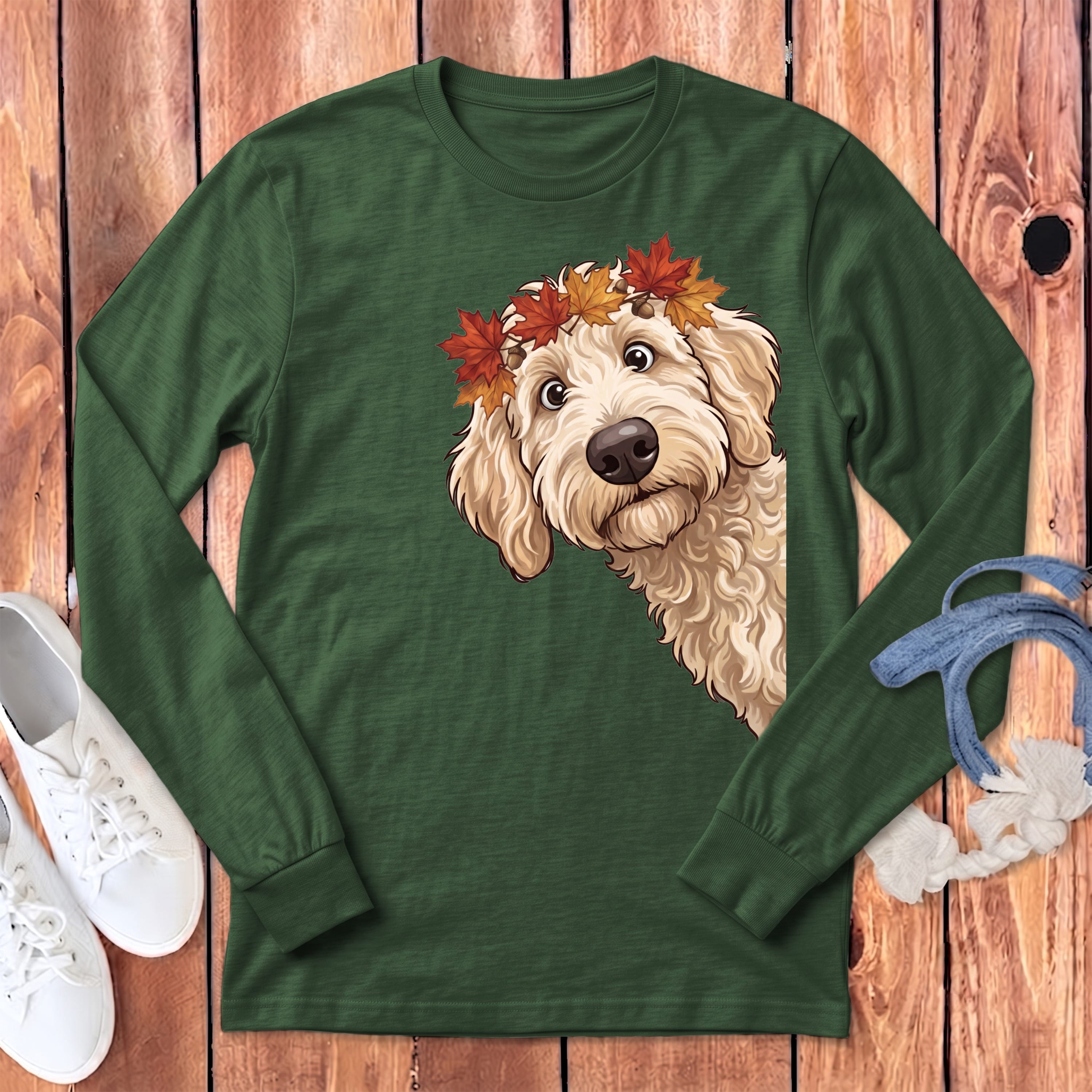 Fall Crown Cream Goldnedoodle Long Sleeve T-Shirt in Heather Forest / S by Puppy Jo