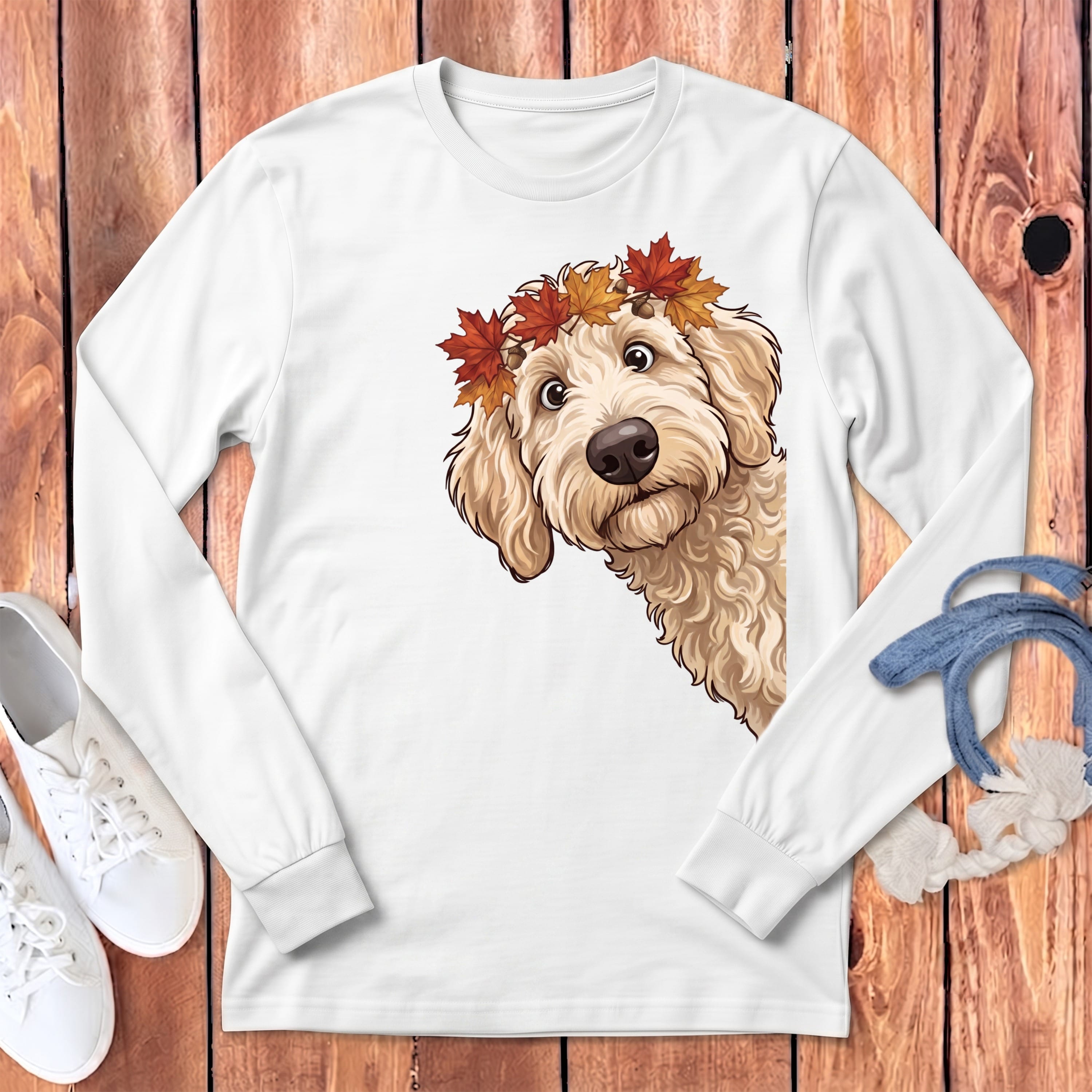 Fall Crown Cream Goldnedoodle Long Sleeve T-Shirt in White / S by Puppy Jo