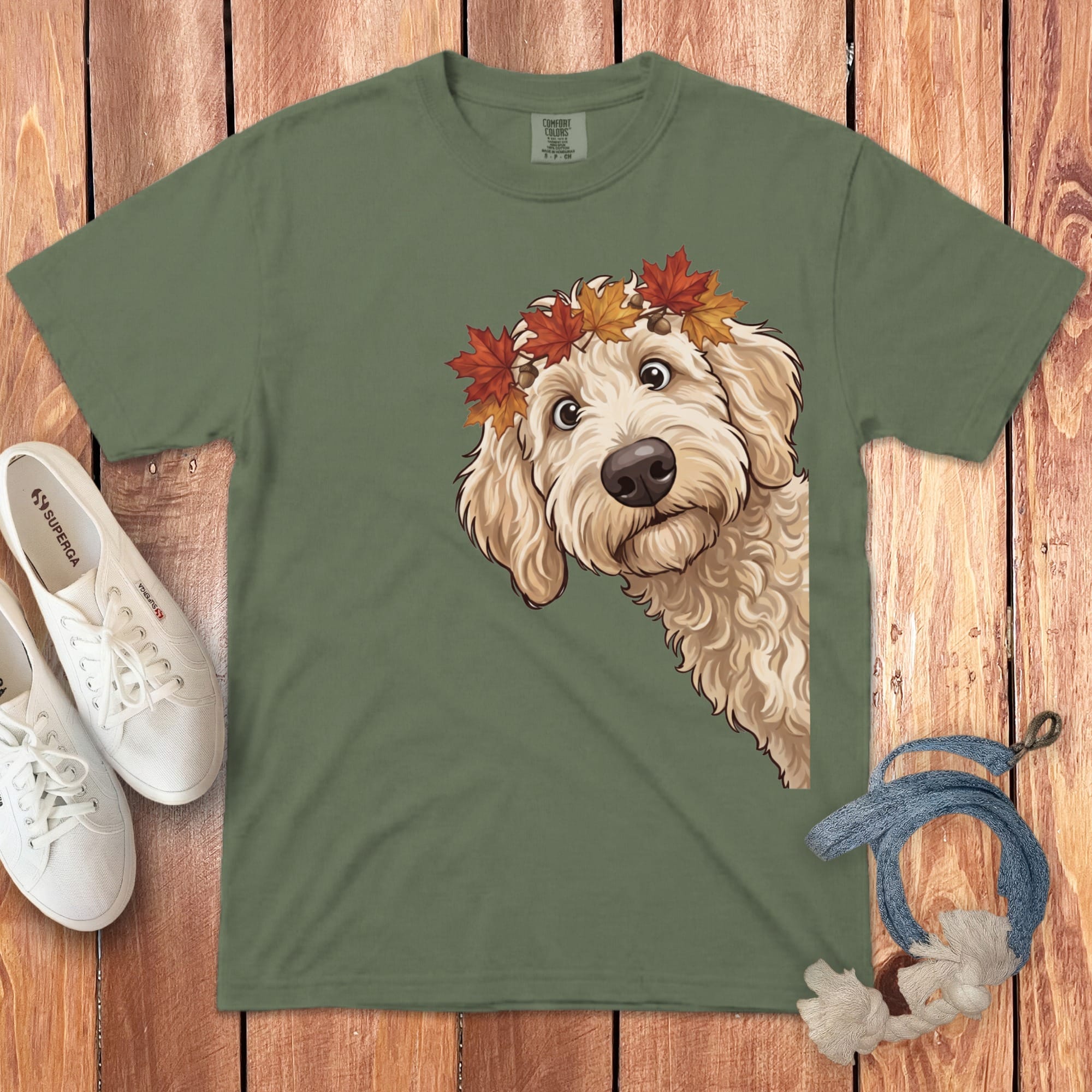Fall Crown Cream Goldnedoodle Signature T-Shirt in Moss / S / T-Shirts by Puppy Jo