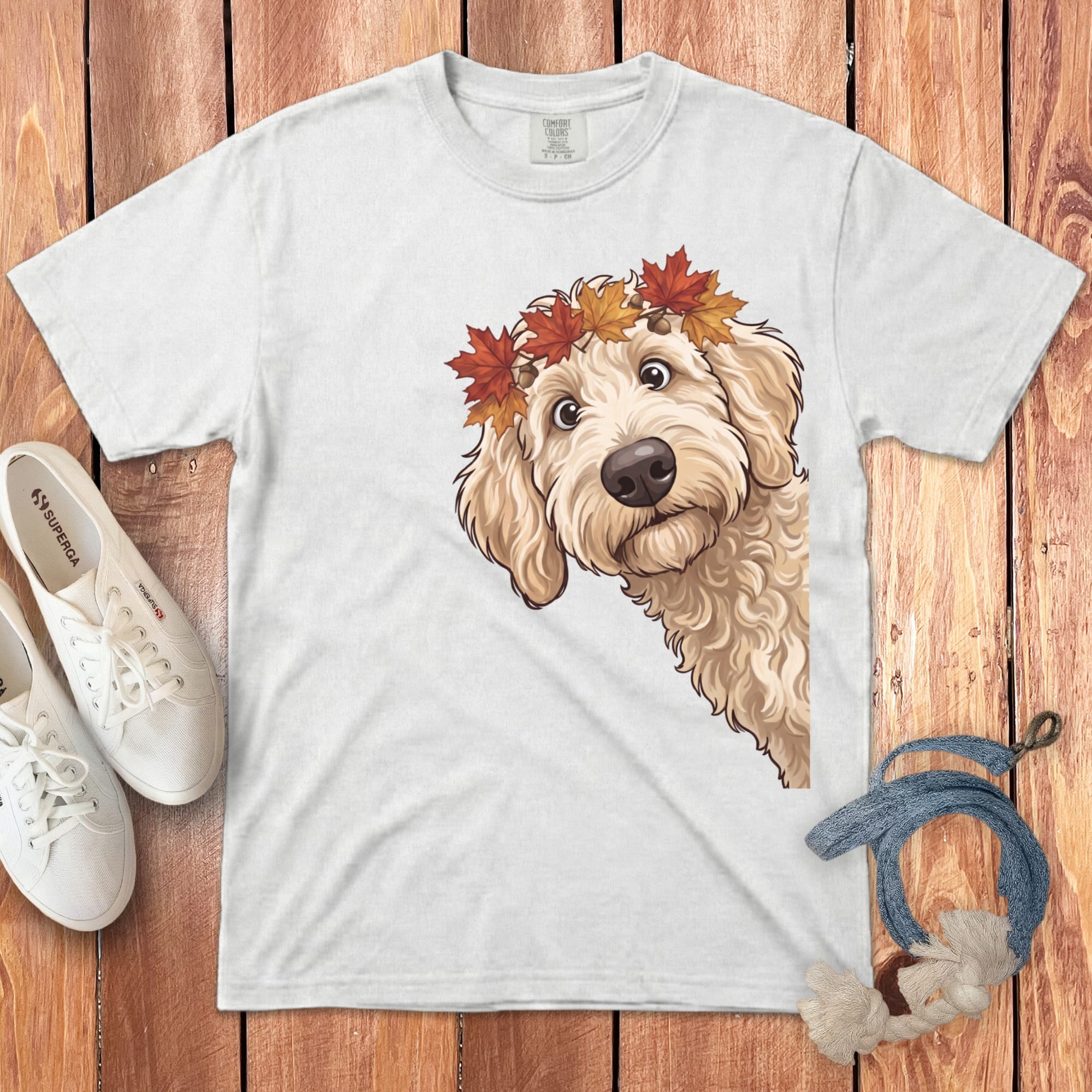 Fall Crown Cream Goldnedoodle Signature T-Shirt in White / S / T-Shirts by Puppy Jo