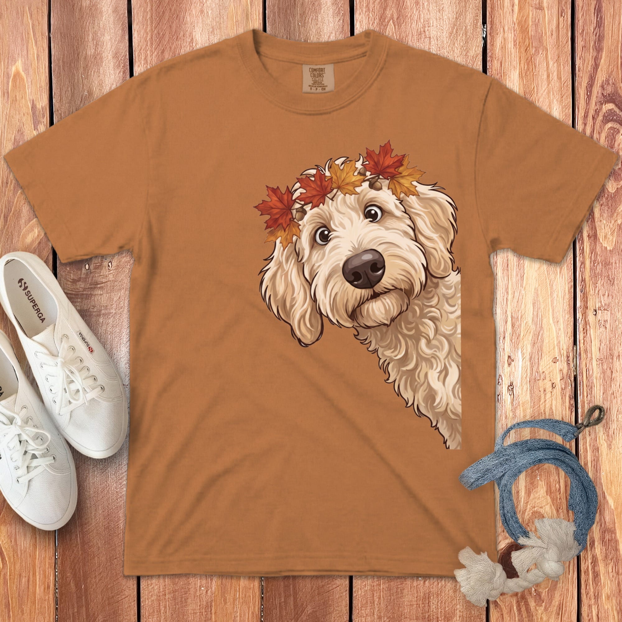 Fall Crown Cream Goldnedoodle Signature T-Shirt in Yam / S / T-Shirts by Puppy Jo
