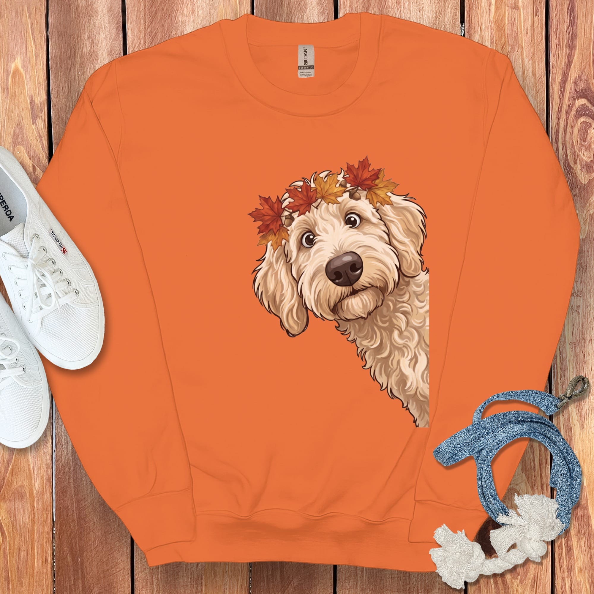 Fall Crown Cream Goldnedoodle Sweatshirt in Orange / M by Puppy Jo