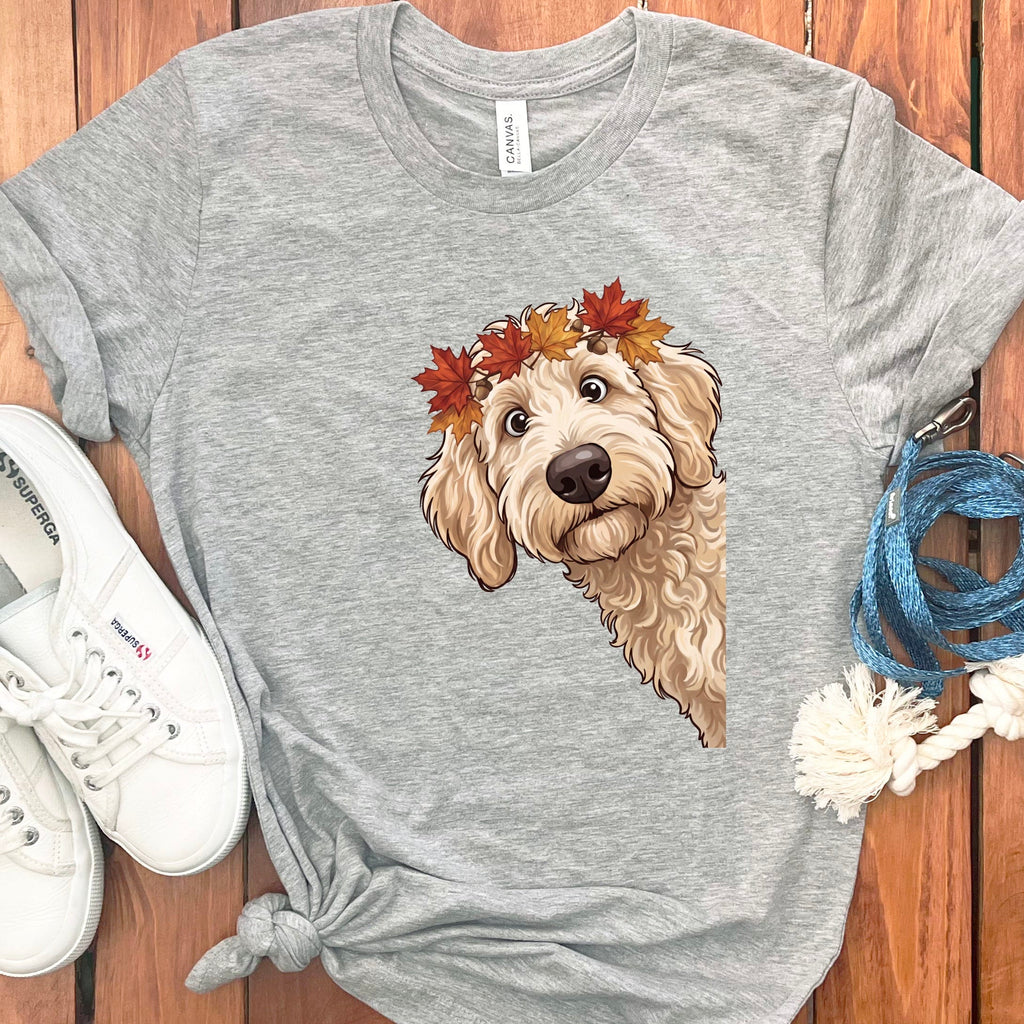 Fall Crown Cream Goldnedoodle T-Shirt in Athletic Heather / S by Puppy Jo
