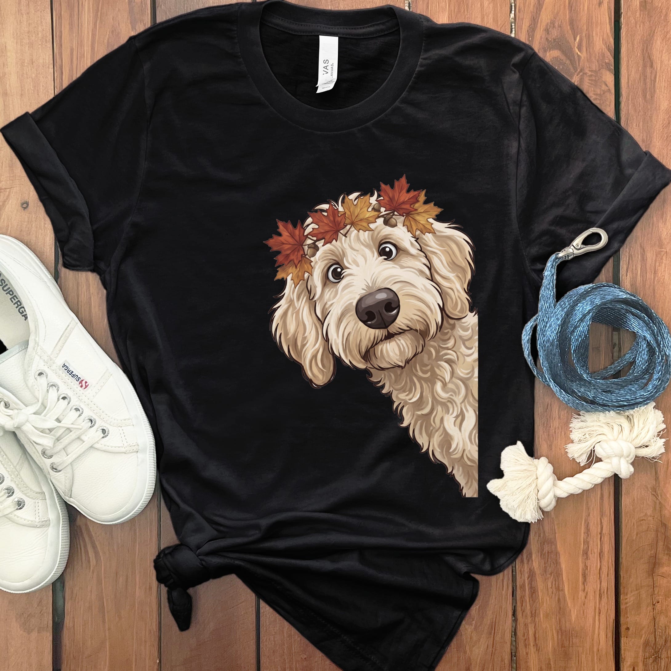 Fall Crown Cream Goldnedoodle T-Shirt in Black / S by Puppy Jo