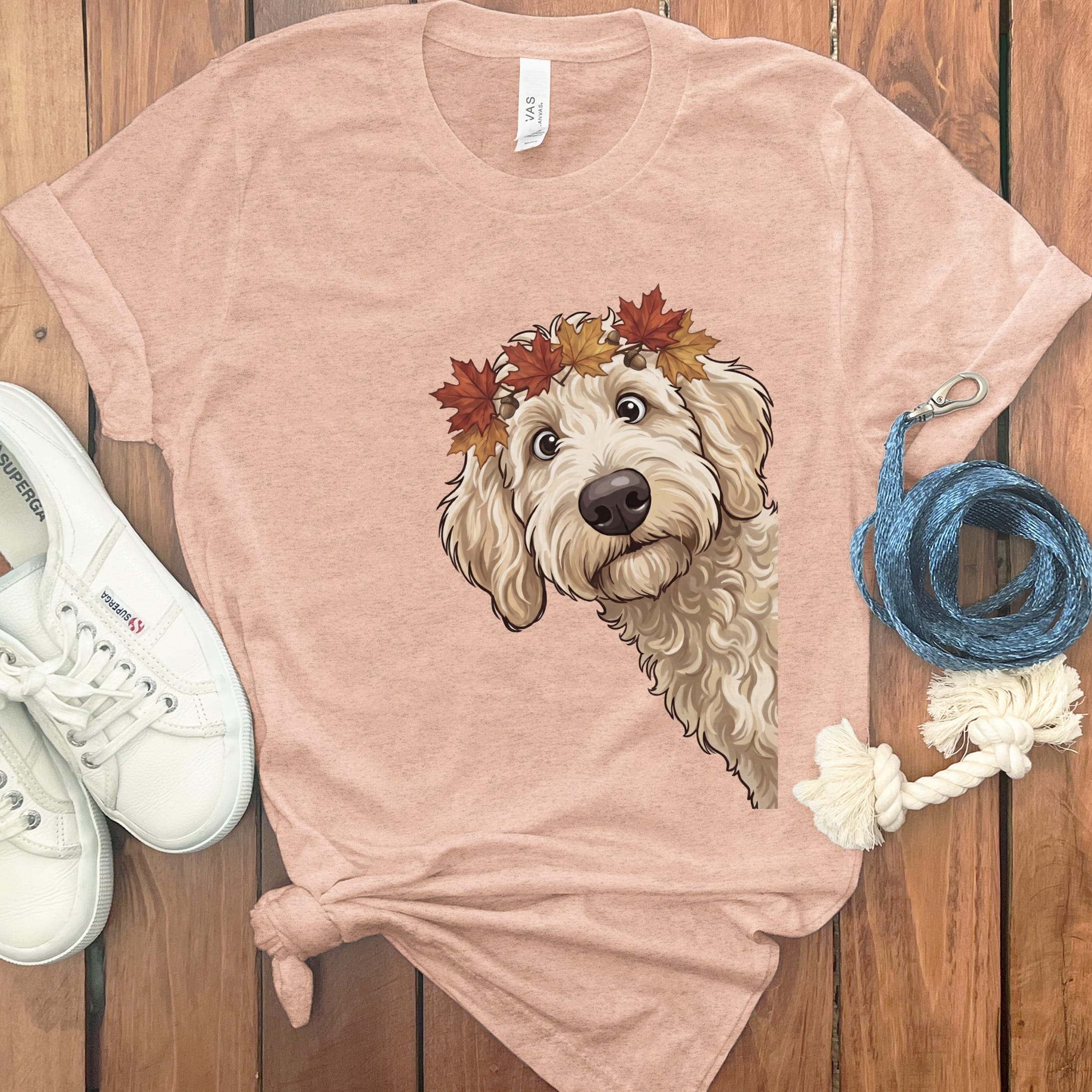 Fall Crown Cream Goldnedoodle T-Shirt in Heather Peach / S by Puppy Jo