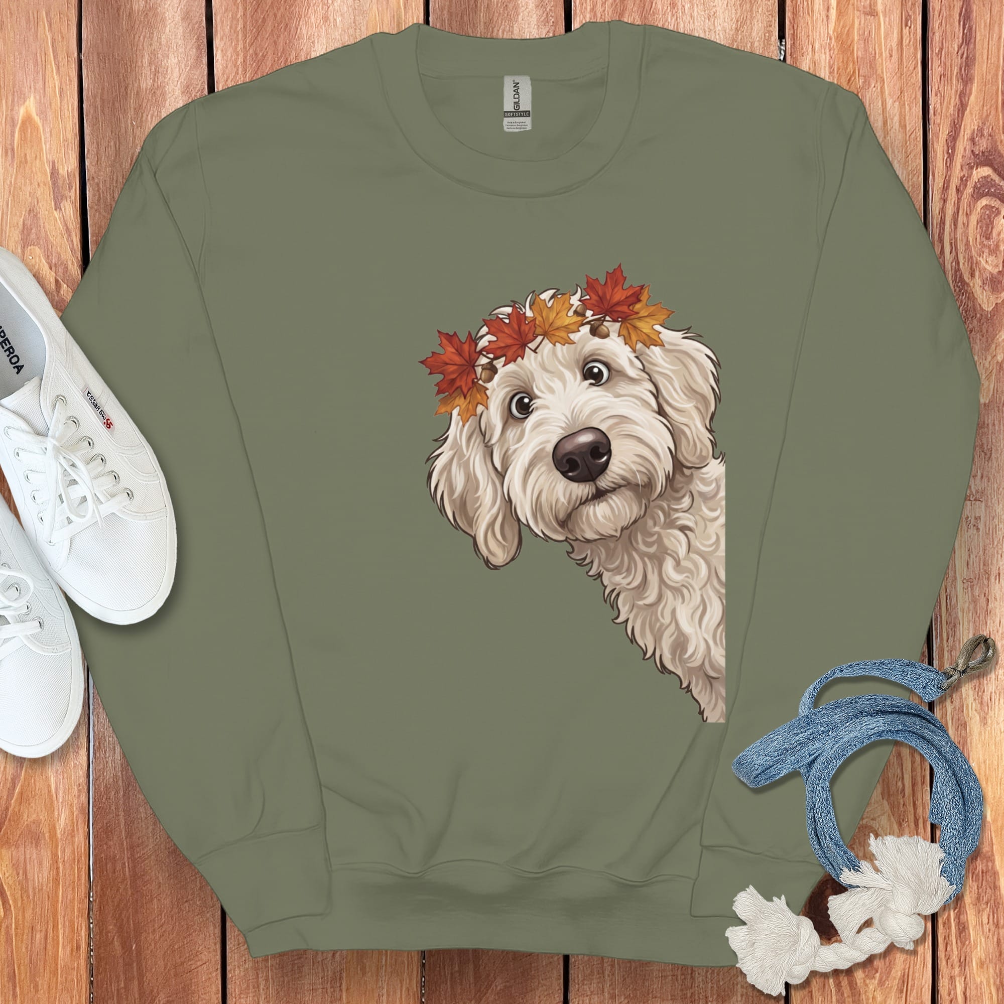 Fall Crown Maltipoo Sweatshirt in Military Green / S by Puppy Jo