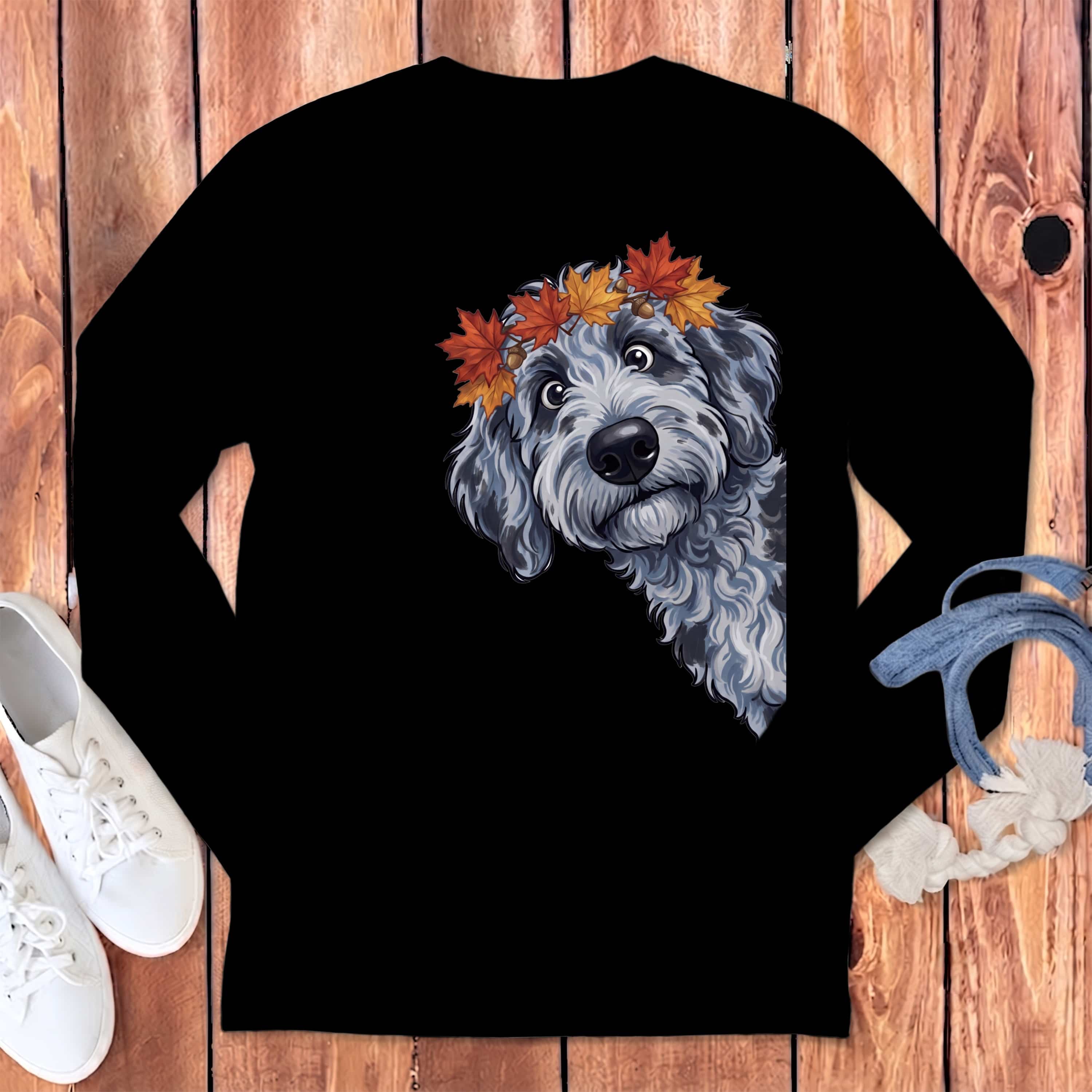 Fall Crown Merle Goldendoodle Long Sleeve T-Shirt in Black / S by Puppy Jo