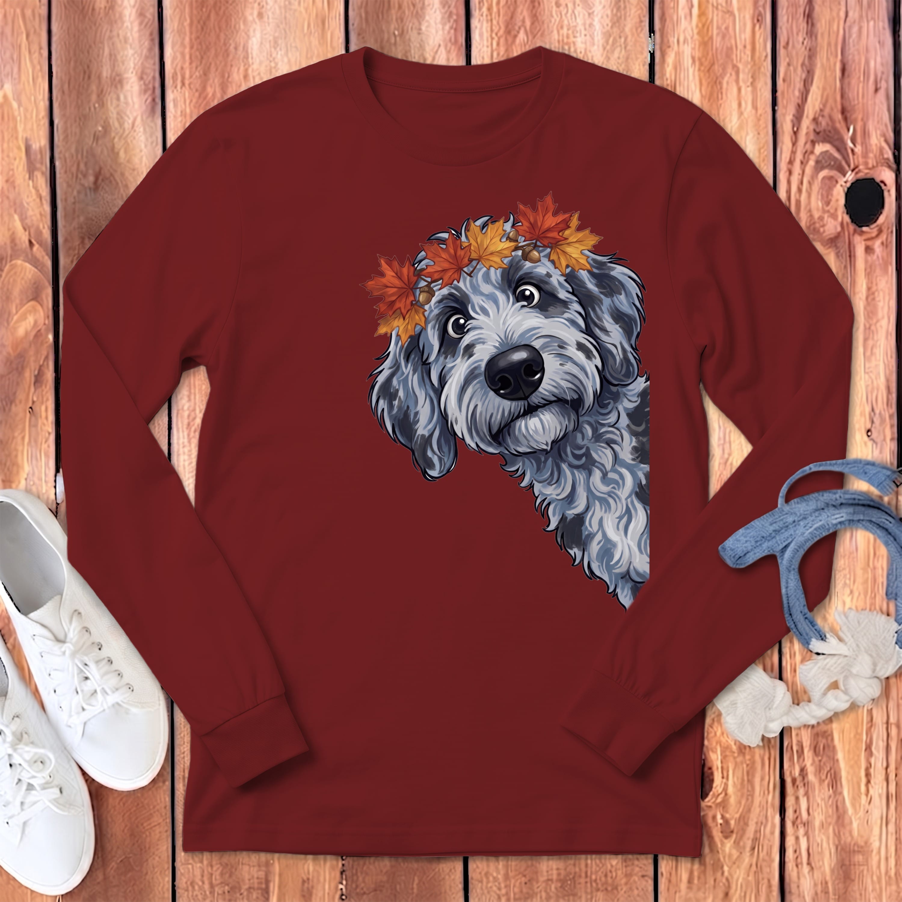 Fall Crown Merle Goldendoodle Long Sleeve T-Shirt in Cardinal / S by Puppy Jo