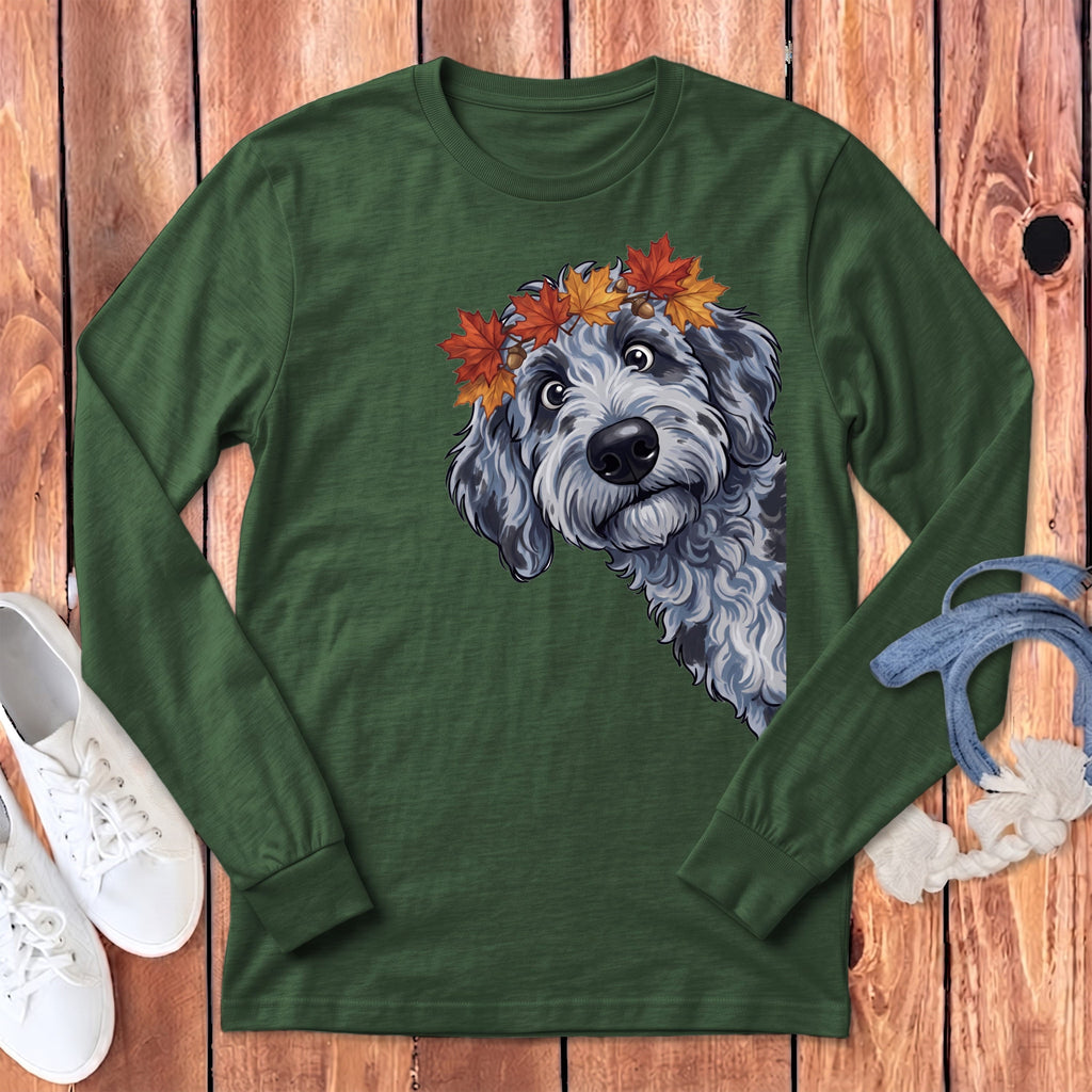 Fall Crown Merle Goldendoodle Long Sleeve T-Shirt in Heather Forest / S by Puppy Jo