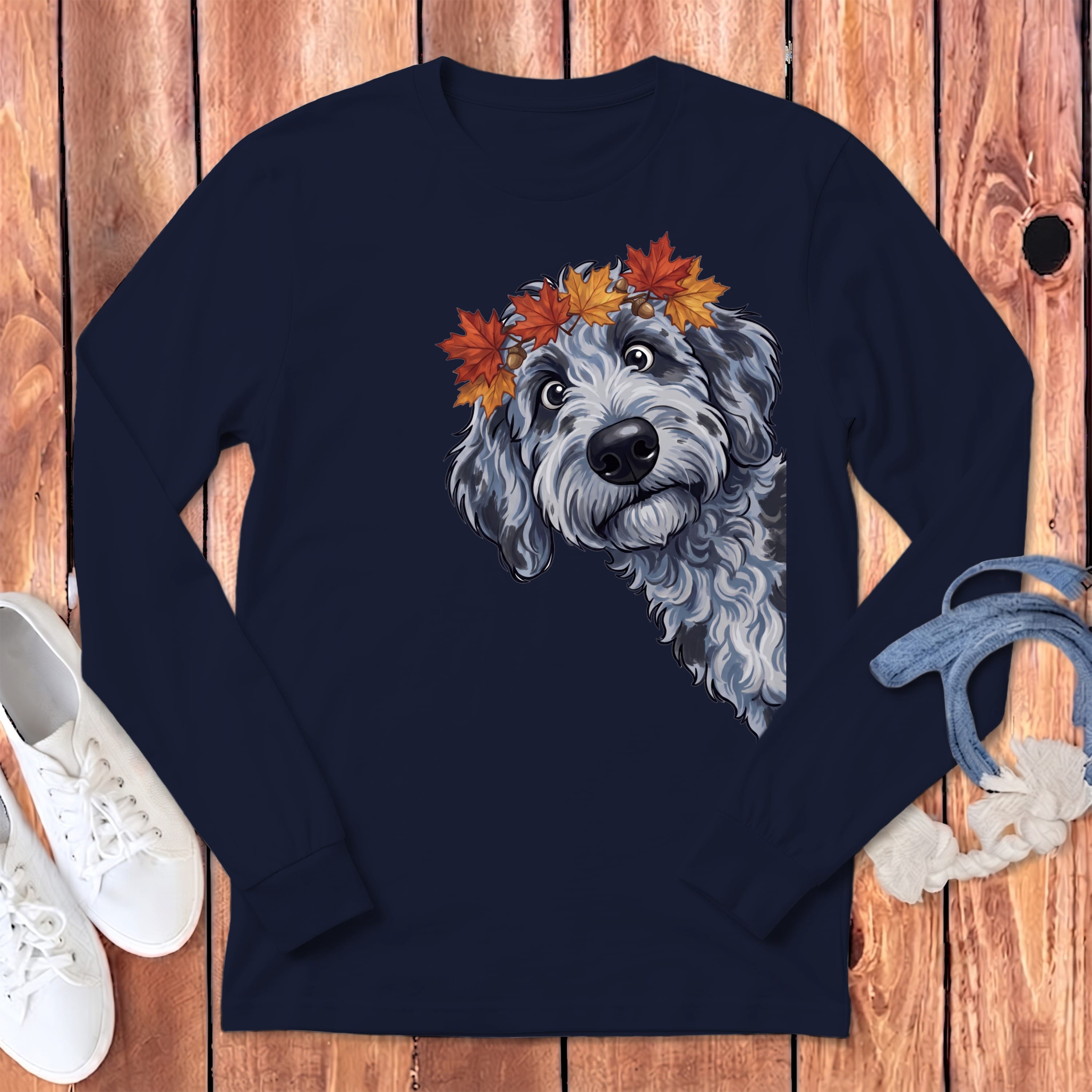 Fall Crown Merle Goldendoodle Long Sleeve T-Shirt in Navy / S by Puppy Jo