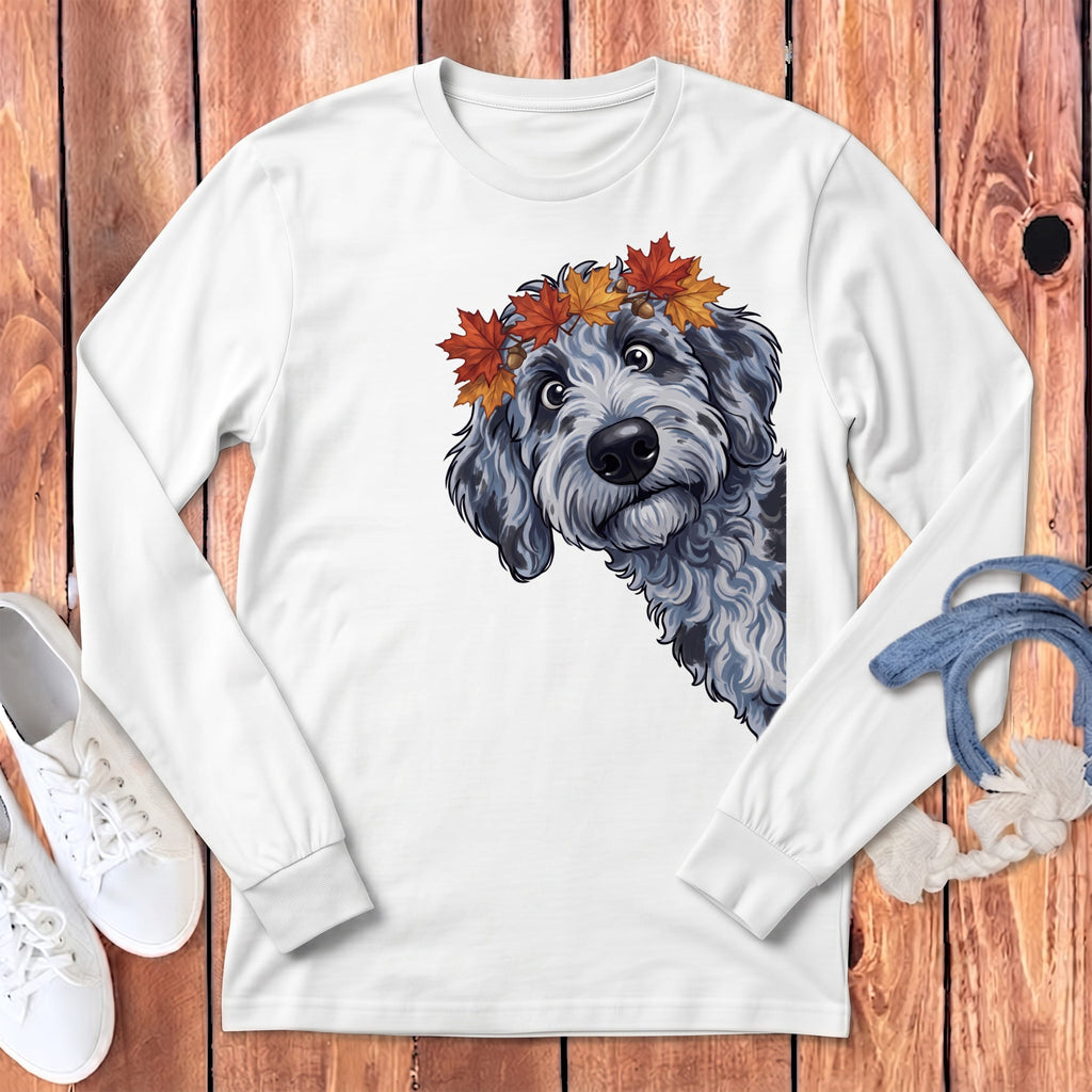 Fall Crown Merle Goldendoodle Long Sleeve T-Shirt in White / S by Puppy Jo
