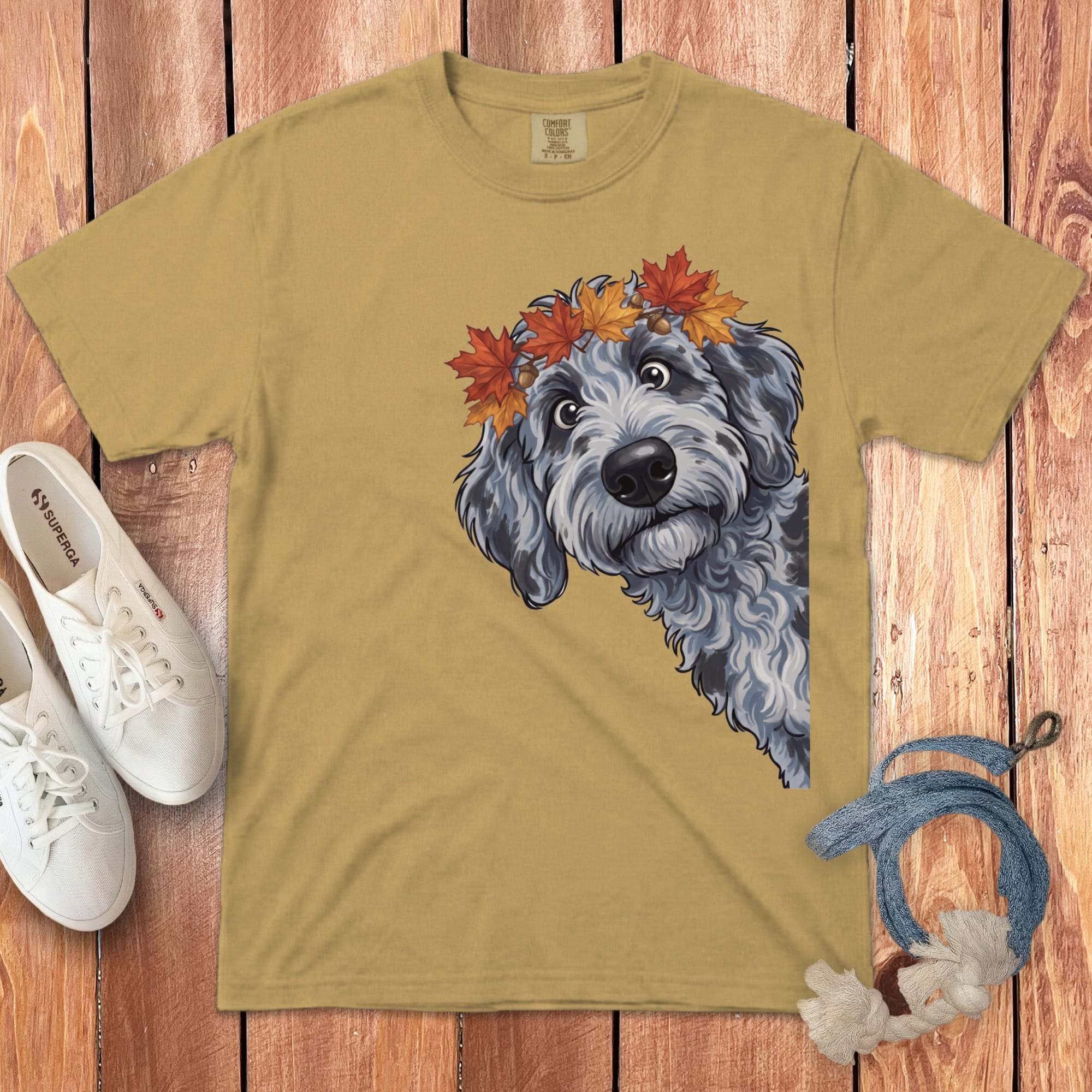 Fall Crown Merle Goldendoodle Signature T-Shirt in Mustard / S / T-Shirts by Puppy Jo