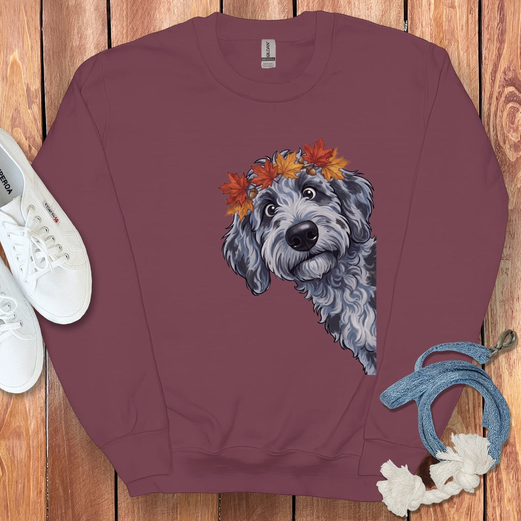 Fall Crown Merle Goldendoodle Sweatshirt in Maroon / S by Puppy Jo