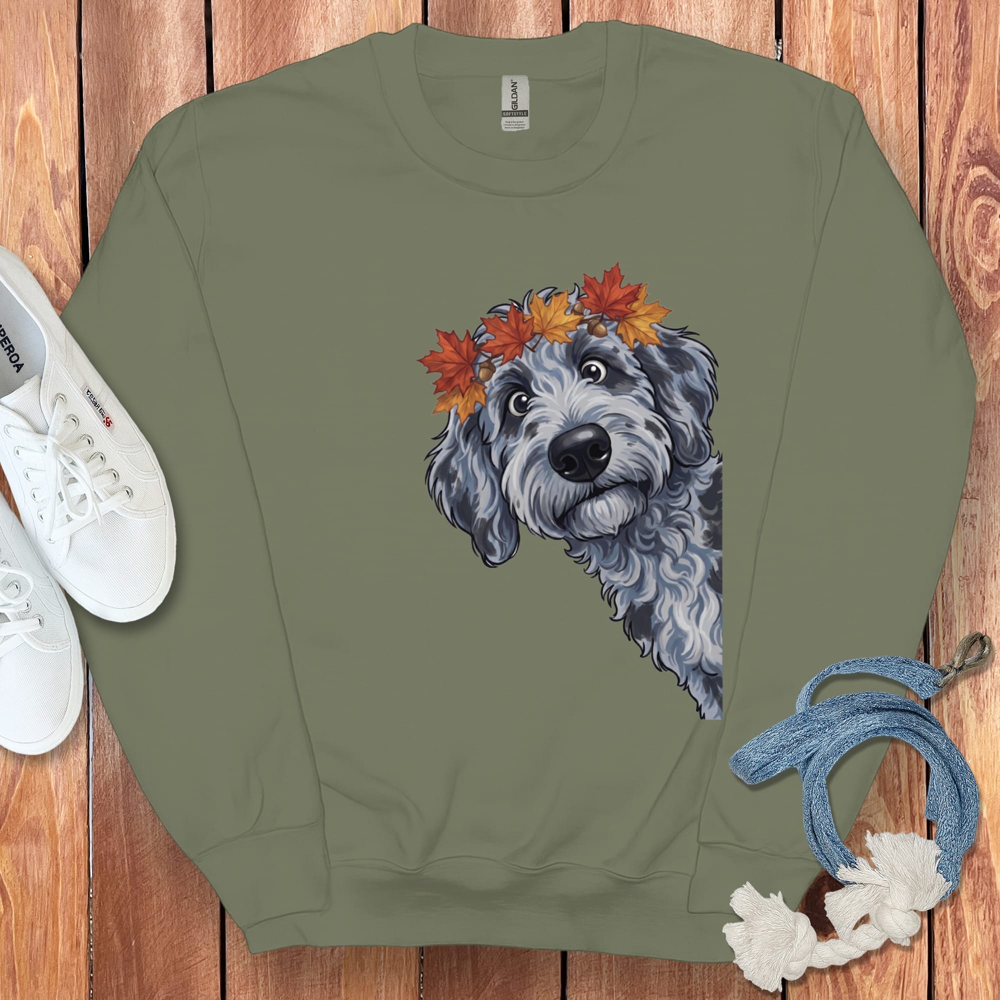 Fall Crown Merle Goldendoodle Sweatshirt in Military Green / S by Puppy Jo