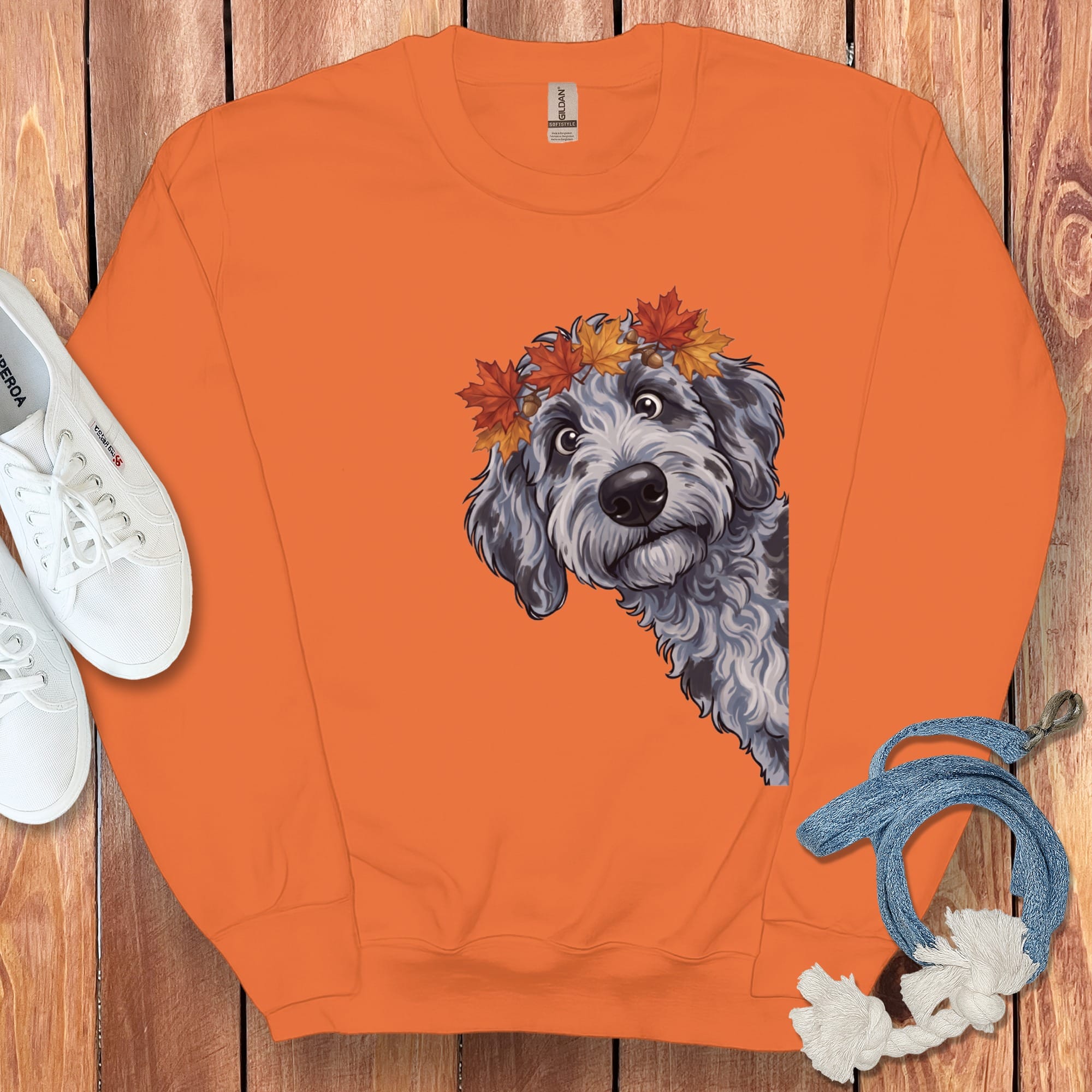 Fall Crown Merle Goldendoodle Sweatshirt in Orange / M by Puppy Jo