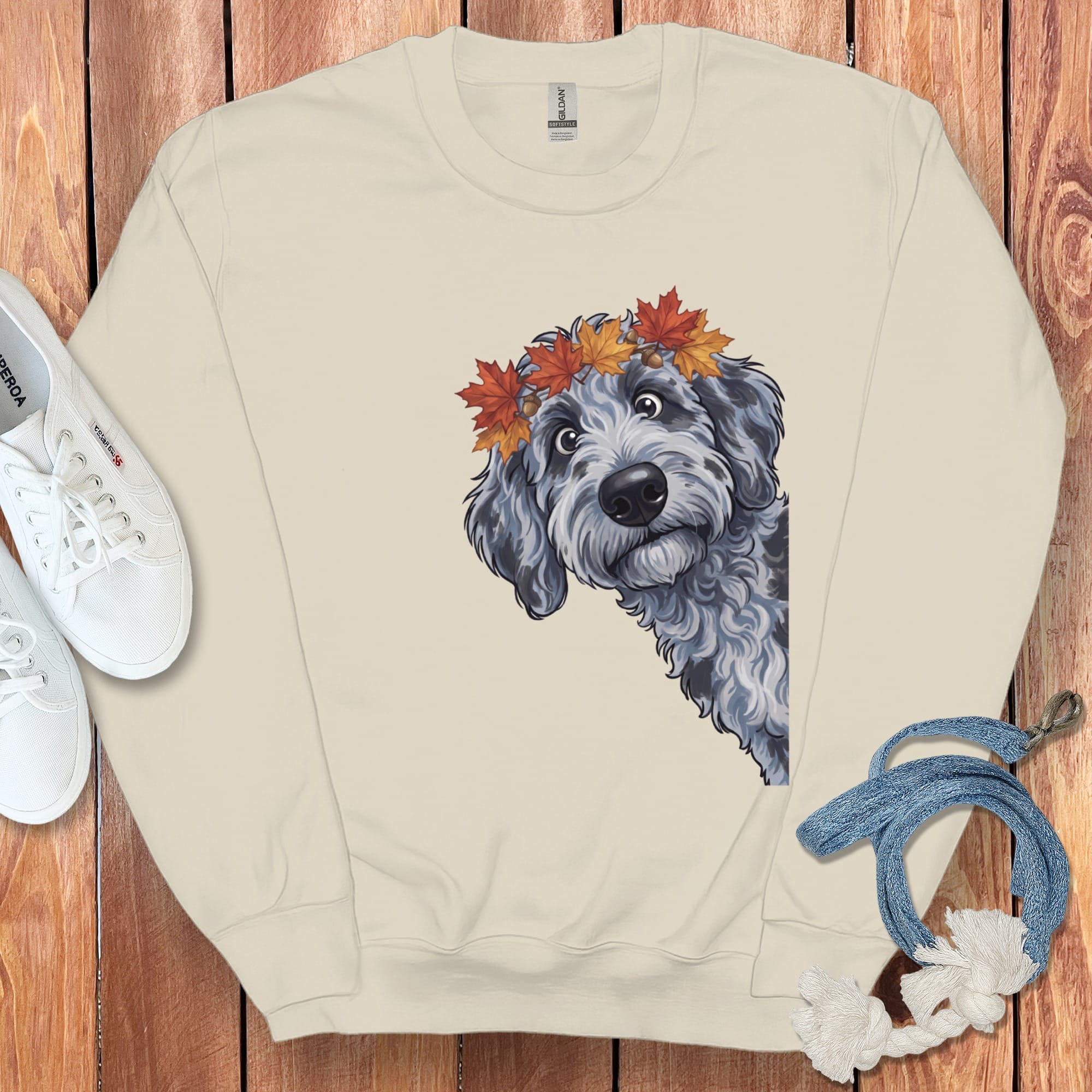 Fall Crown Merle Goldendoodle Sweatshirt in Sand / S by Puppy Jo