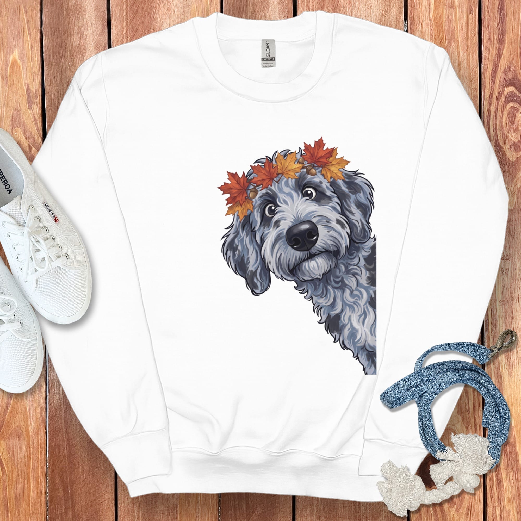 Fall Crown Merle Goldendoodle Sweatshirt in White / S by Puppy Jo