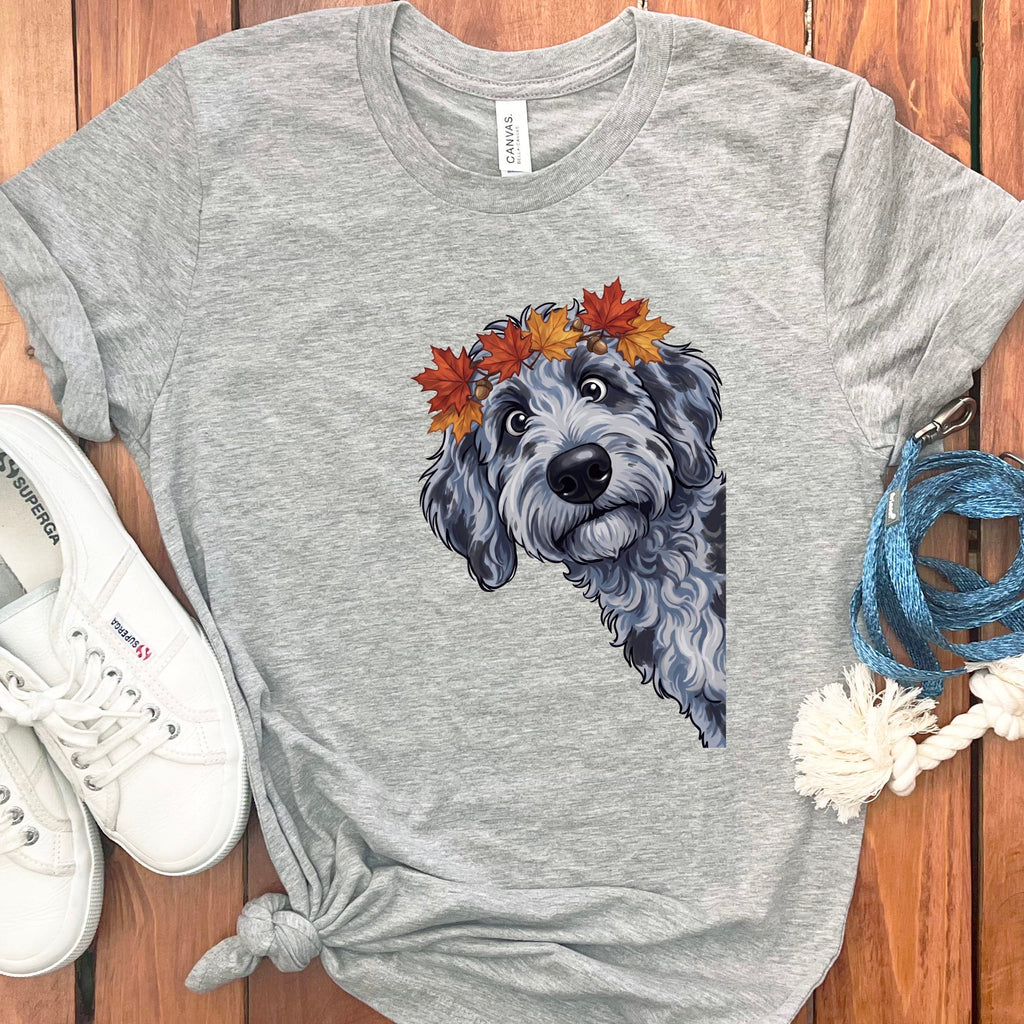 Fall Crown Merle Goldendoodle T-Shirt in Athletic Heather / S by Puppy Jo