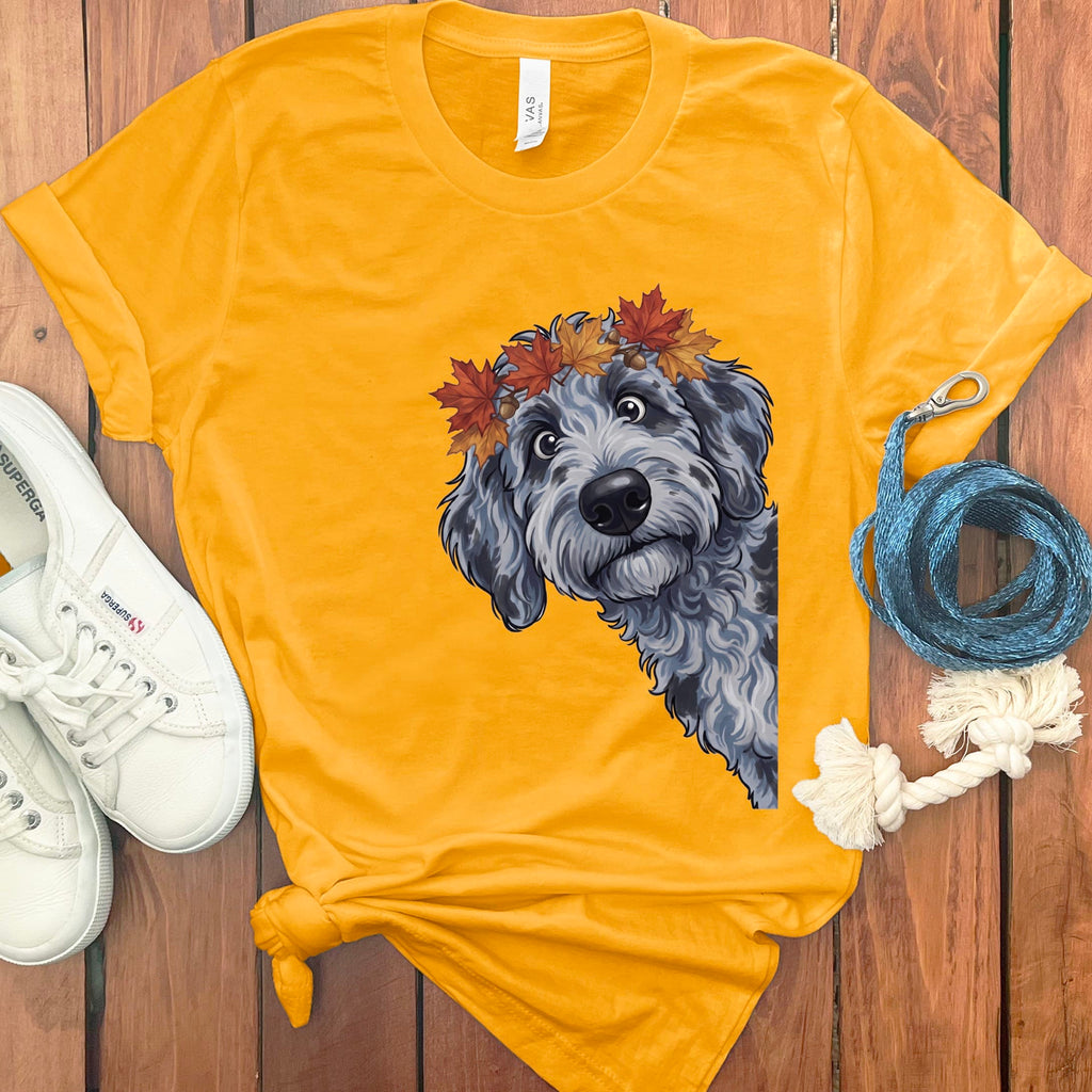 Fall Crown Merle Goldendoodle T-Shirt in Gold / S by Puppy Jo