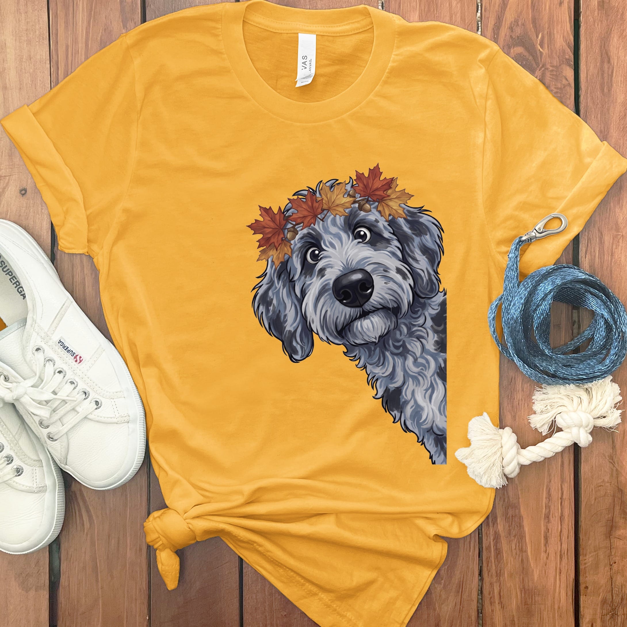 Fall Crown Merle Goldendoodle T-Shirt in Gold / S by Puppy Jo