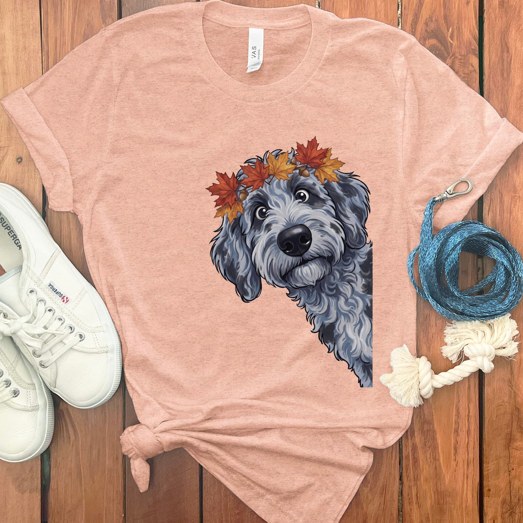 Fall Crown Merle Goldendoodle T-Shirt in Heather Peach / S by Puppy Jo