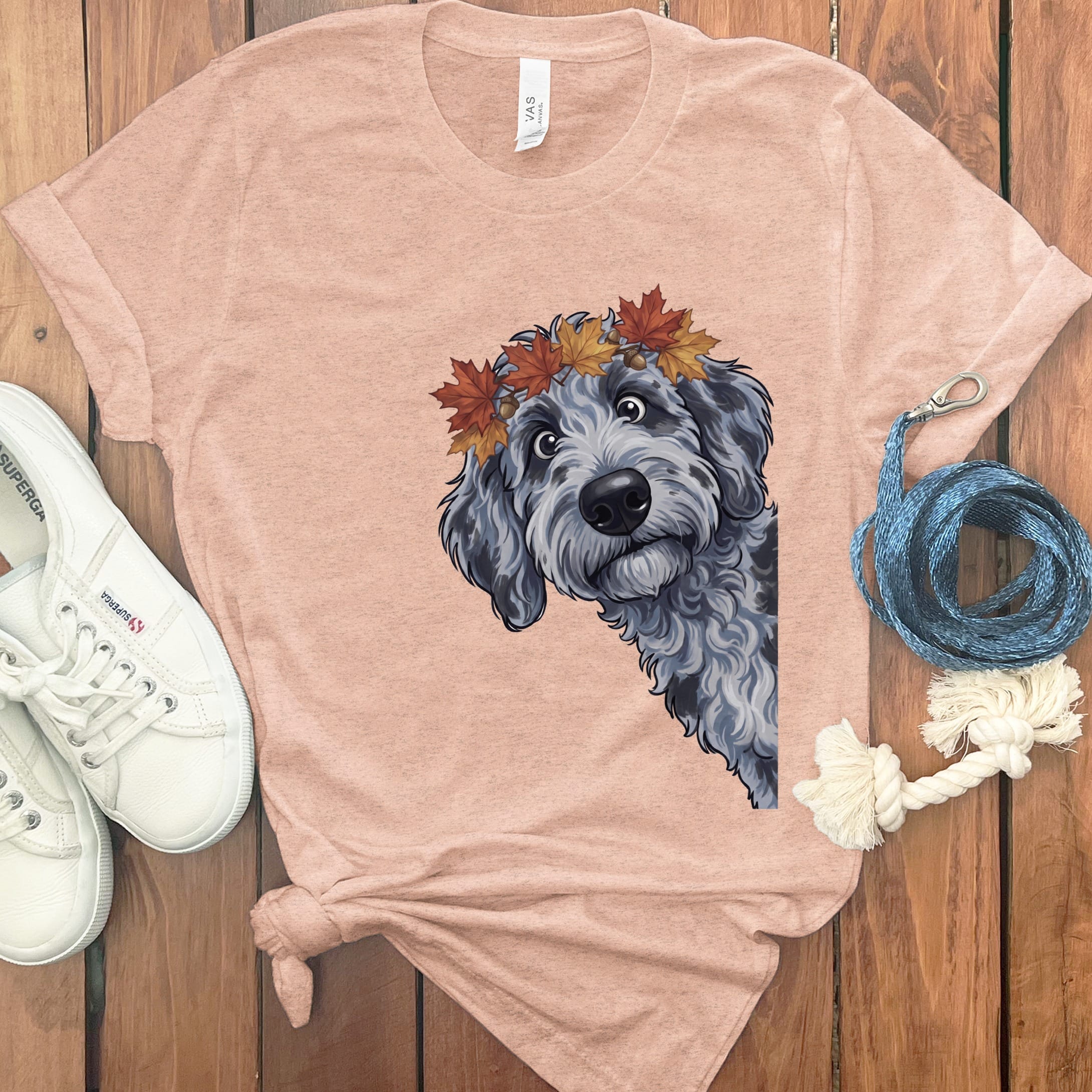Fall Crown Merle Goldendoodle T-Shirt in Heather Peach / S by Puppy Jo