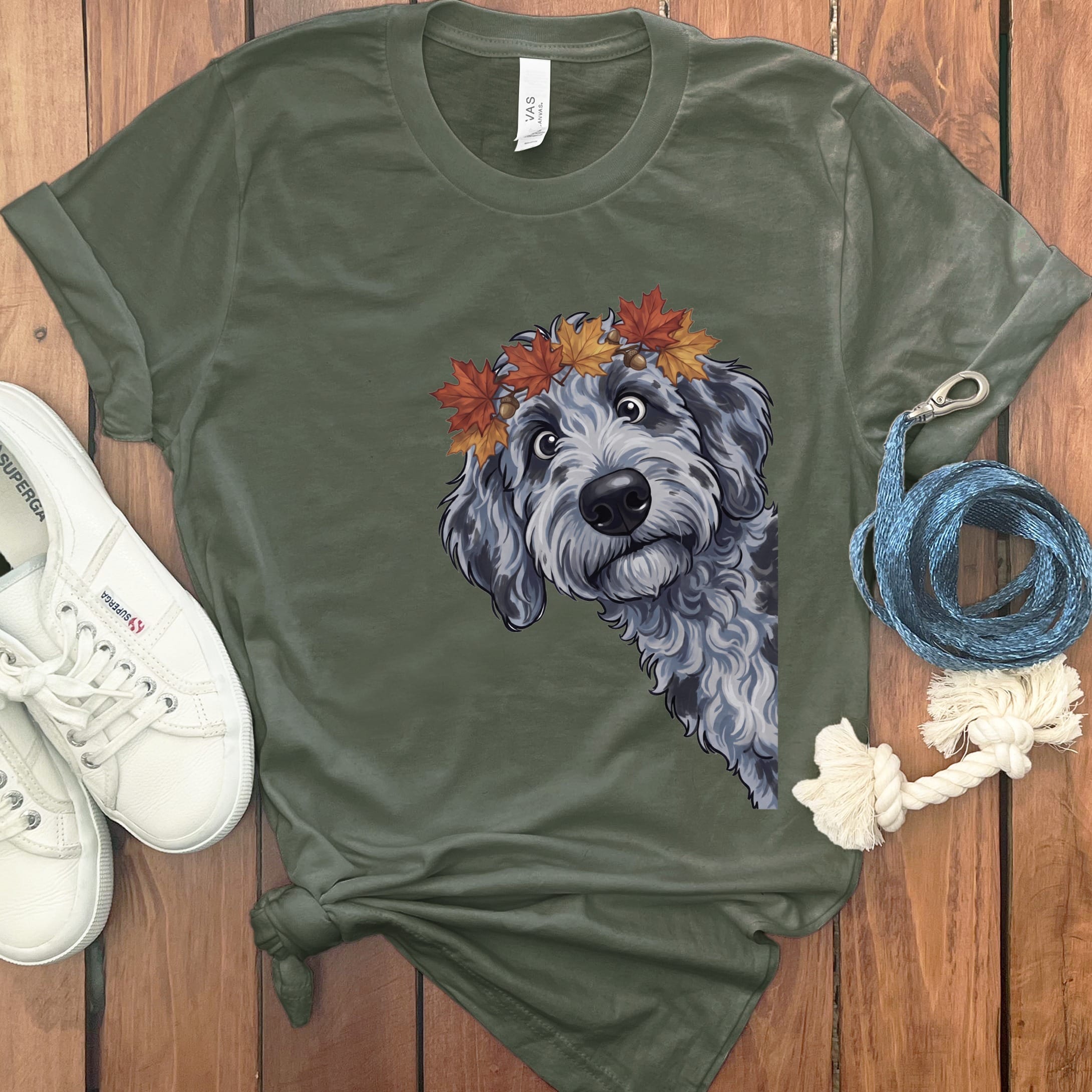 Fall Crown Merle Goldendoodle T-Shirt in Military Green / S by Puppy Jo
